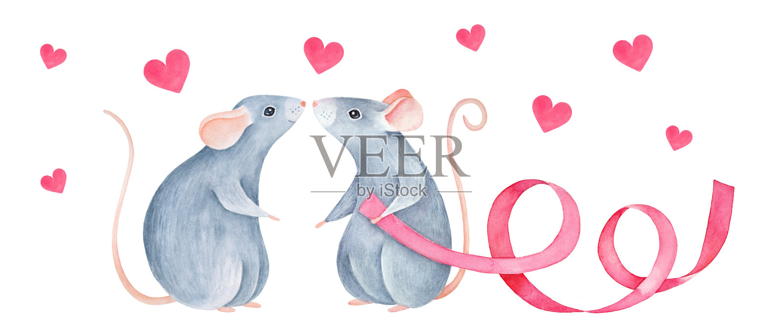 两只可爱的小老鼠站在一起，手里拿着节日的卷曲彩带，温柔的心在周围飞舞。插画图片素材