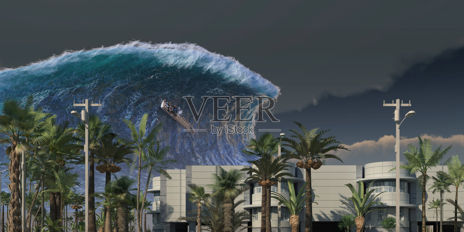 海啸波浪启示水景城市洪水风暴。3D插图照片摄影图片