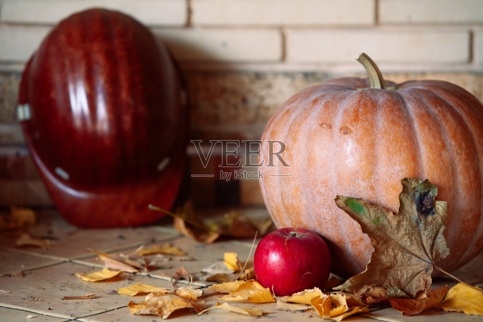 圆圆的南瓜和苹果躺在架子上照片摄影图片
