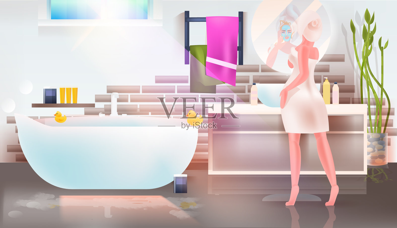美女敷面膜摩登浴室插画图片素材