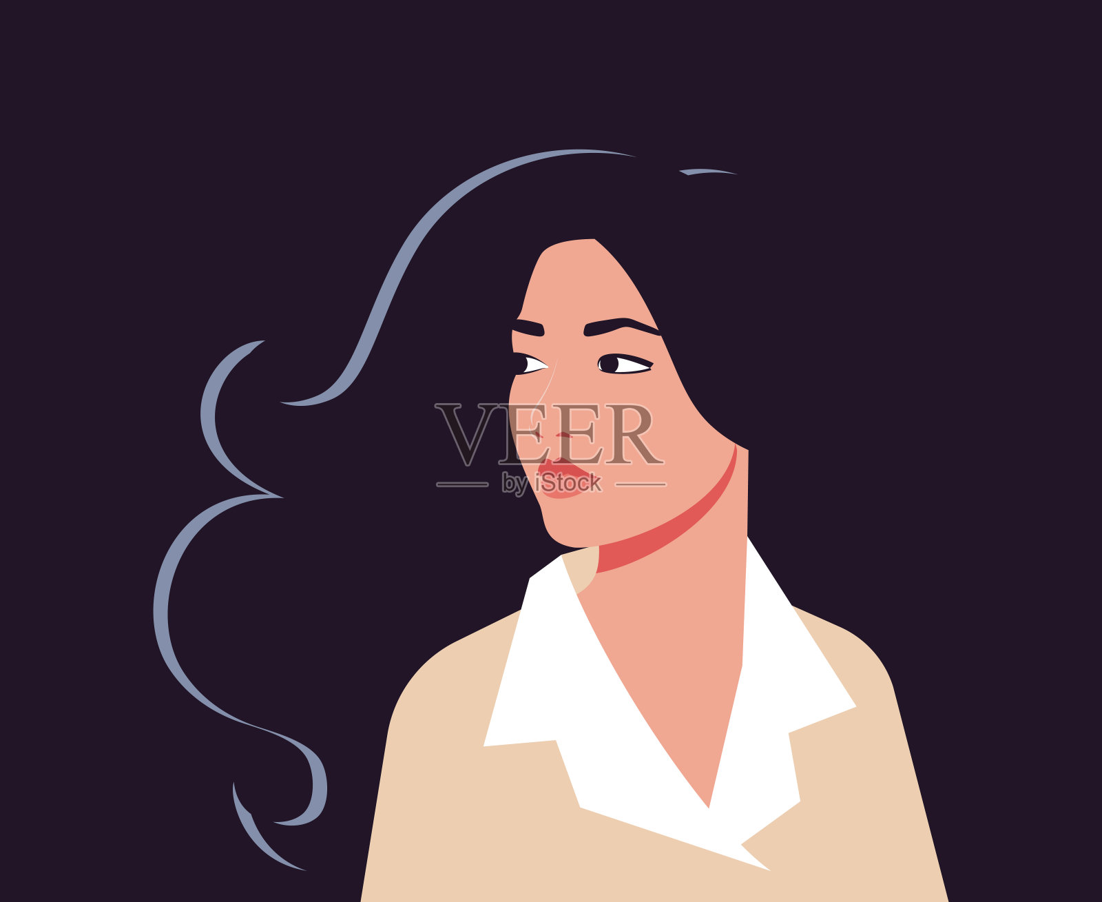 一个亚洲女人的肖像在半转与飘逸的头发。插画图片素材