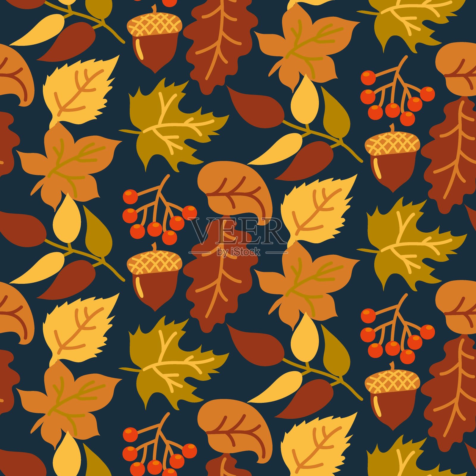 抽象无缝的秋天背景与黄色和橙色的叶子在黑暗的背景。向量秋天背景，背景，壁纸。结构模式。无缝矢量纹理。插画图片素材