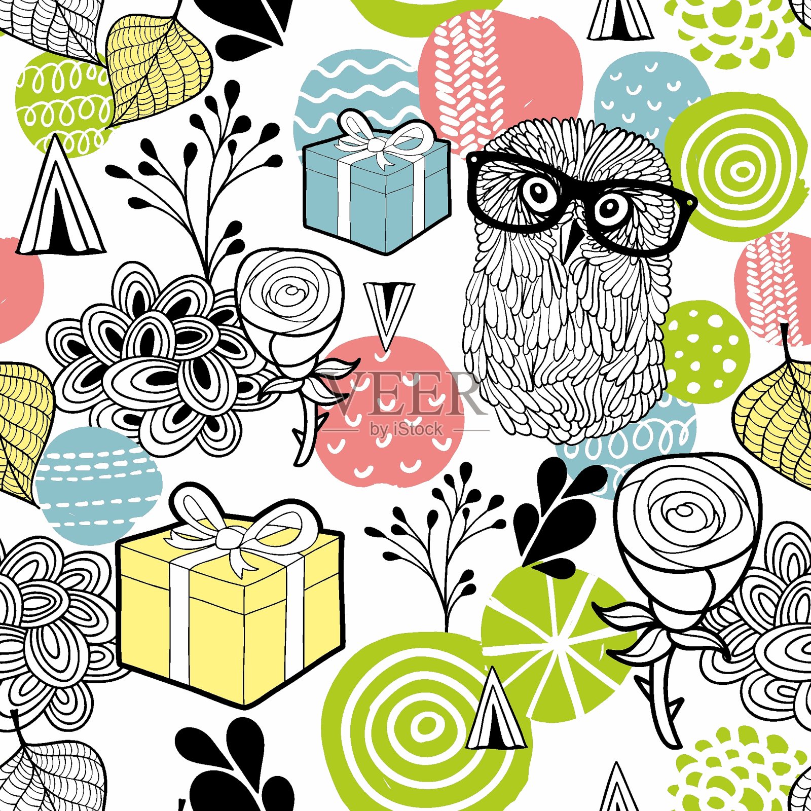 可爱的猫头鹰和礼物背景。插画图片素材