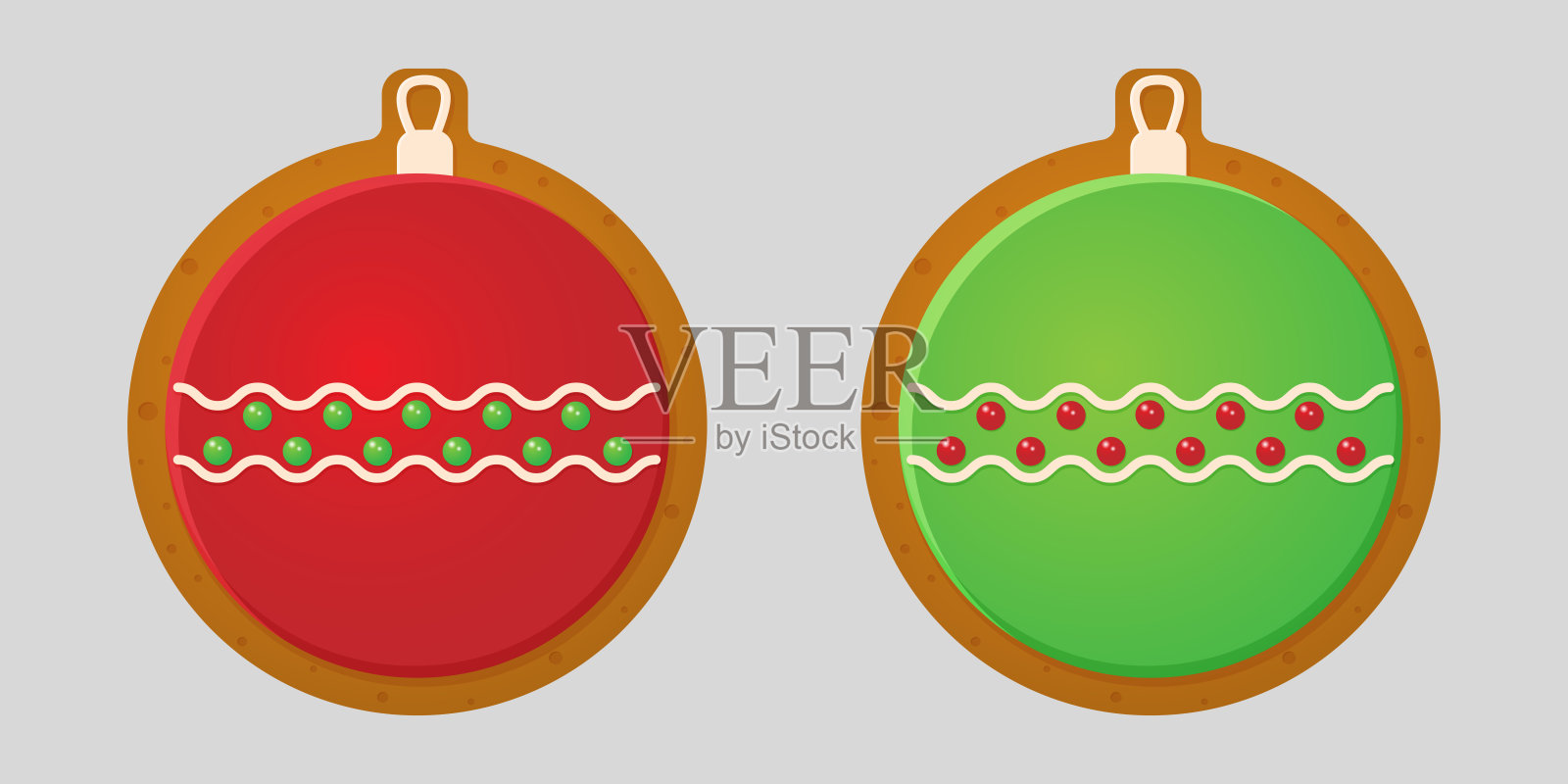 一套可爱的姜饼饼干，涂上糖霜，做成球的形状。圣诞节糖果。矢量图形。插画图片素材