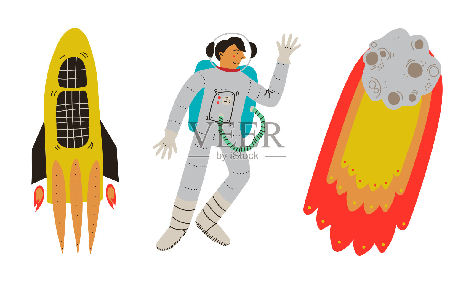 火箭和宇航员作为宇宙和宇宙探索向量集插画图片素材