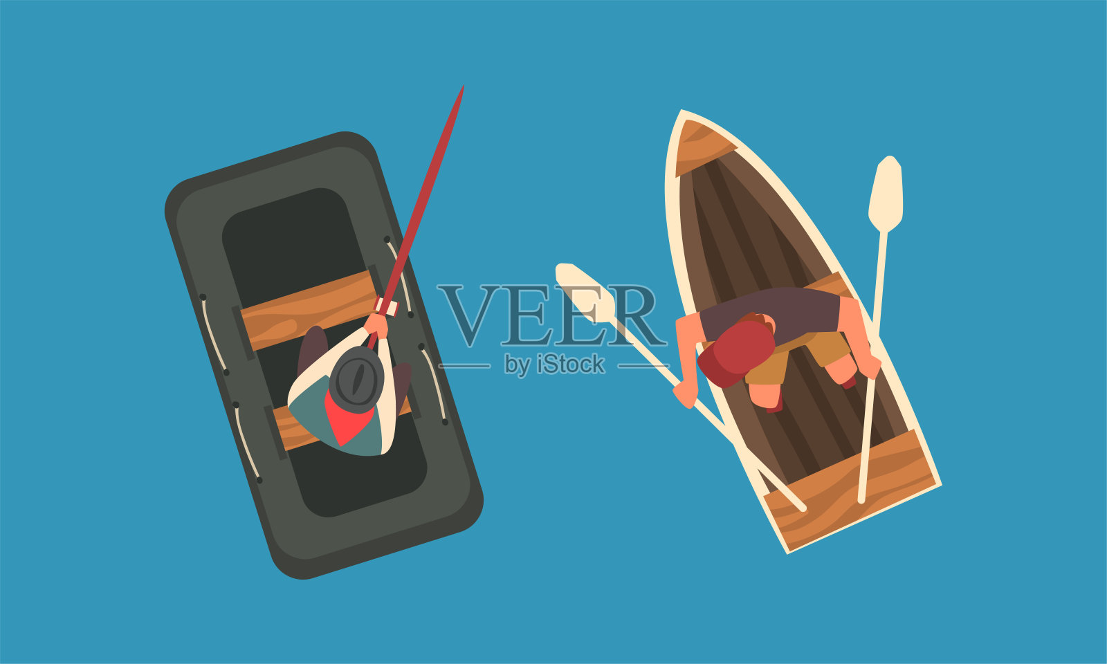 男子划艇与桨或桨漂流在蓝色水面以上的观点向量集插画图片素材