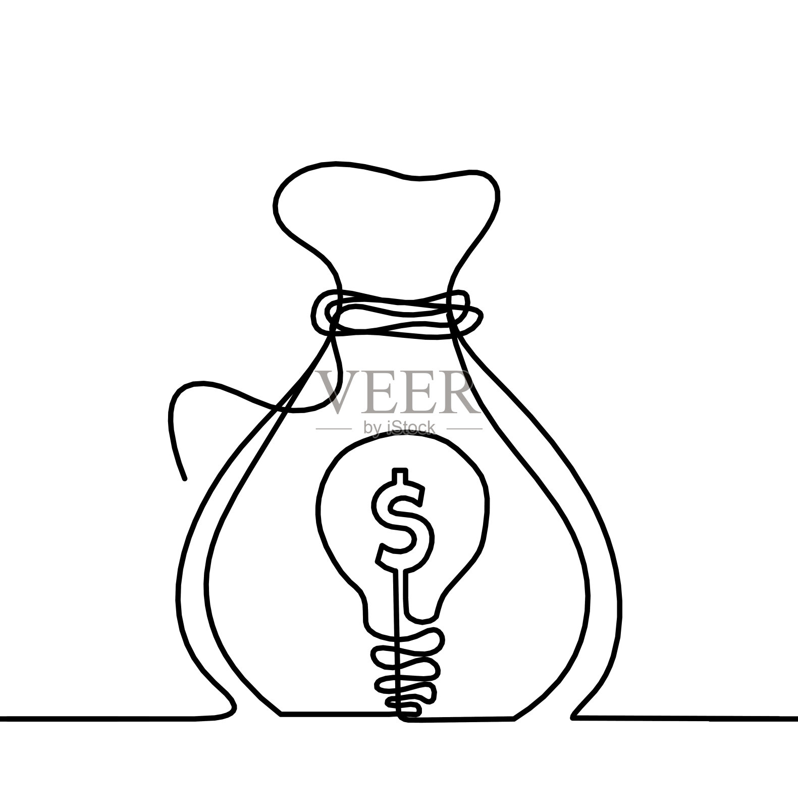 抽象的连续线条画作为袋美元和灯在白色的背景插画图片素材