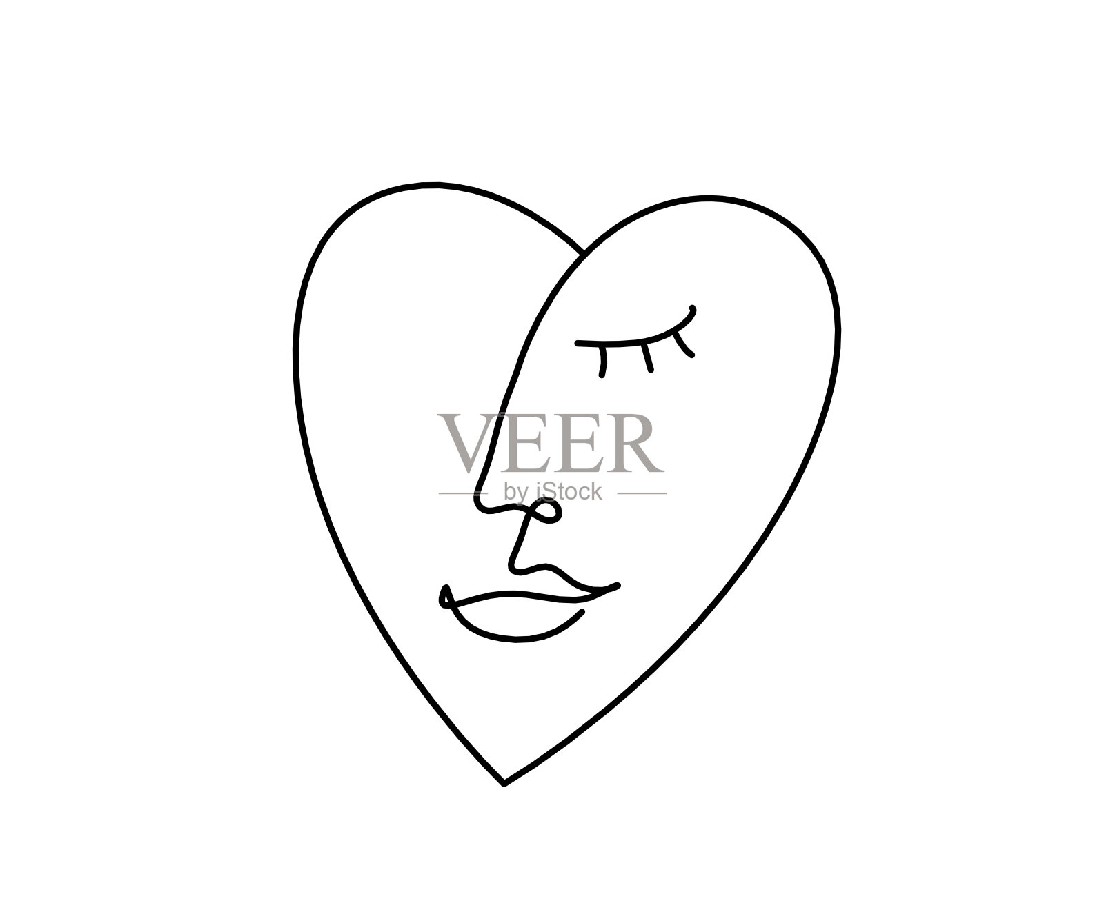 女人剪影的脸在形状的心像线画在白色上插画图片素材