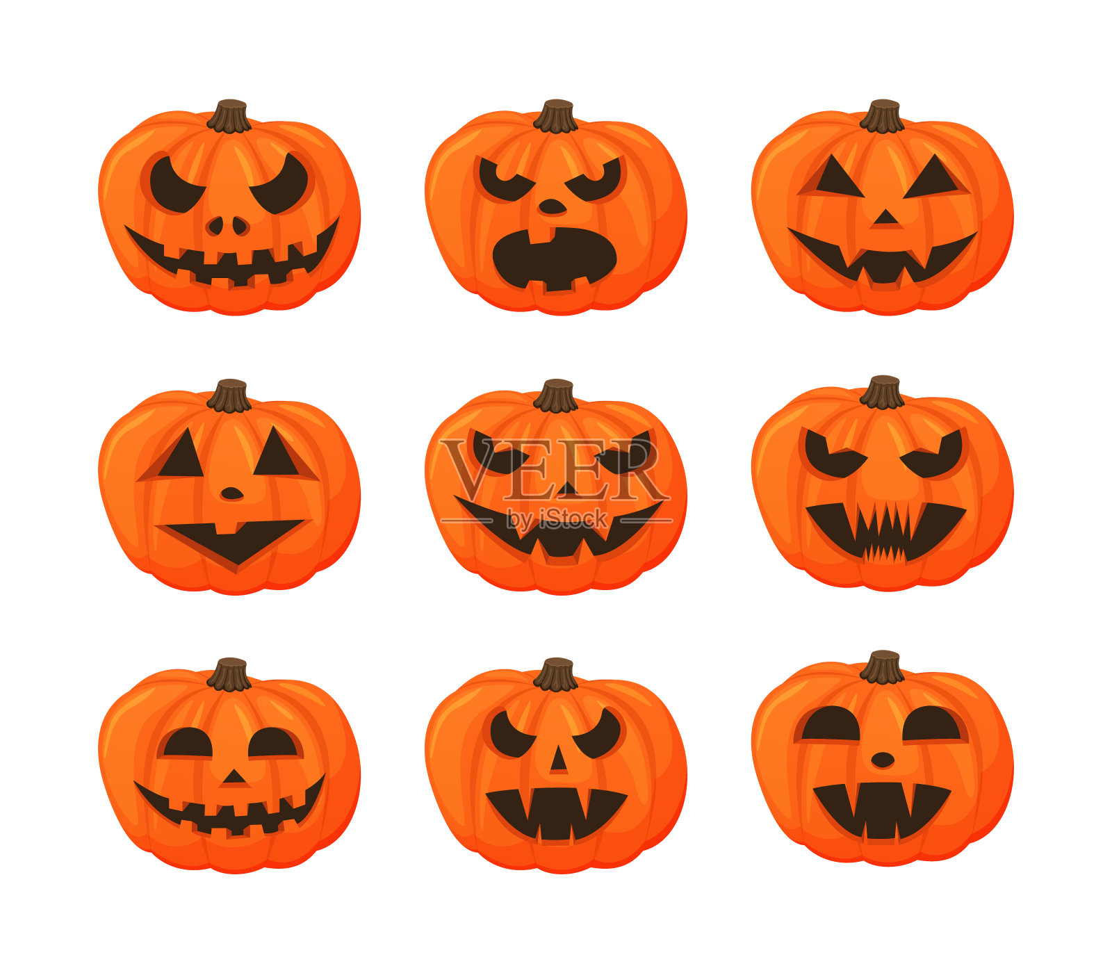 设定卡通万圣节南瓜。橙色的南瓜雕刻着可怕的微笑可爱的发光的脸。装饰葫芦菜或节日。矢量孤立插图上的白色背景。插画图片素材