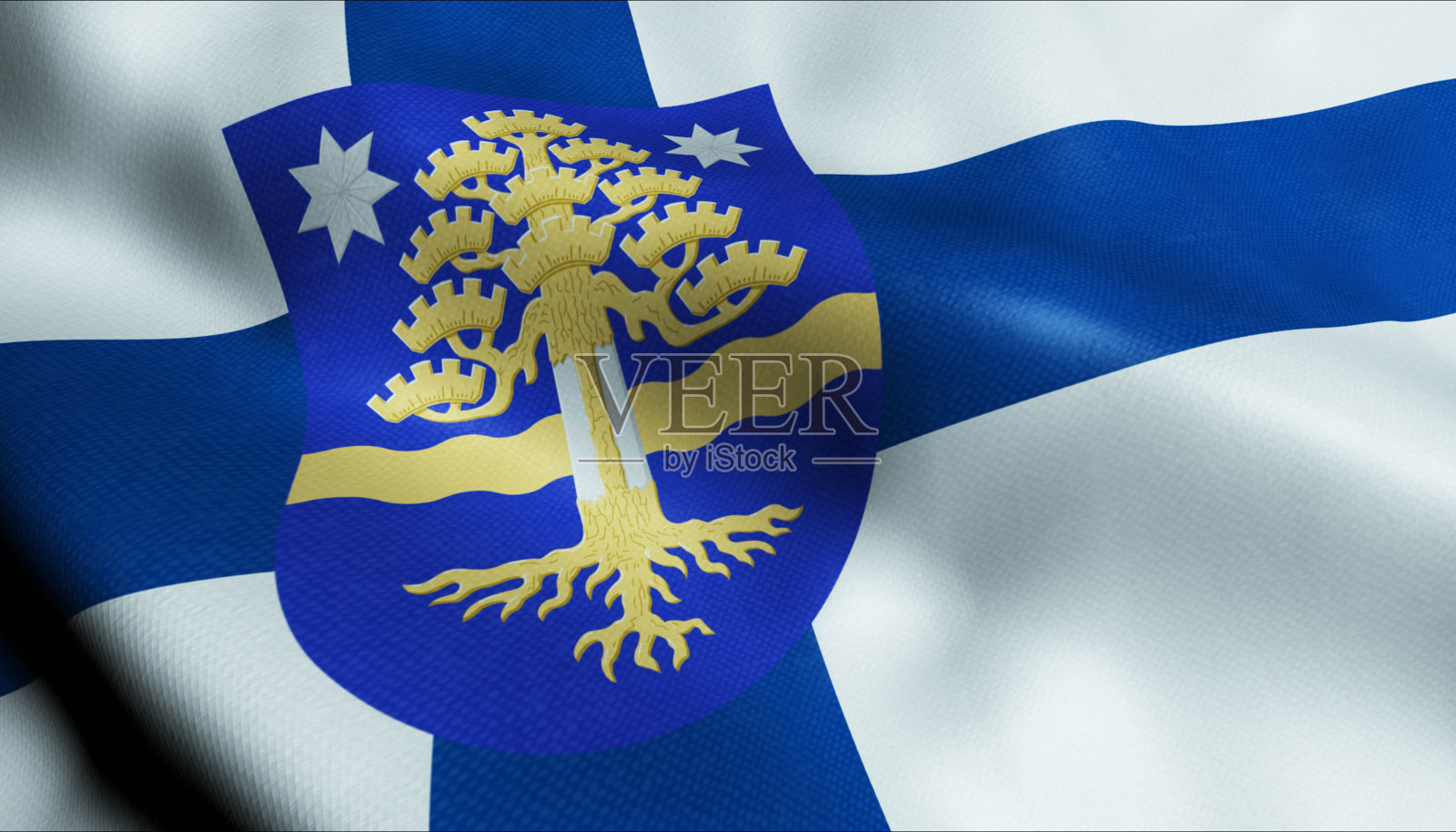 3D挥舞芬兰城市旗帜的Parkano特写视图照片摄影图片