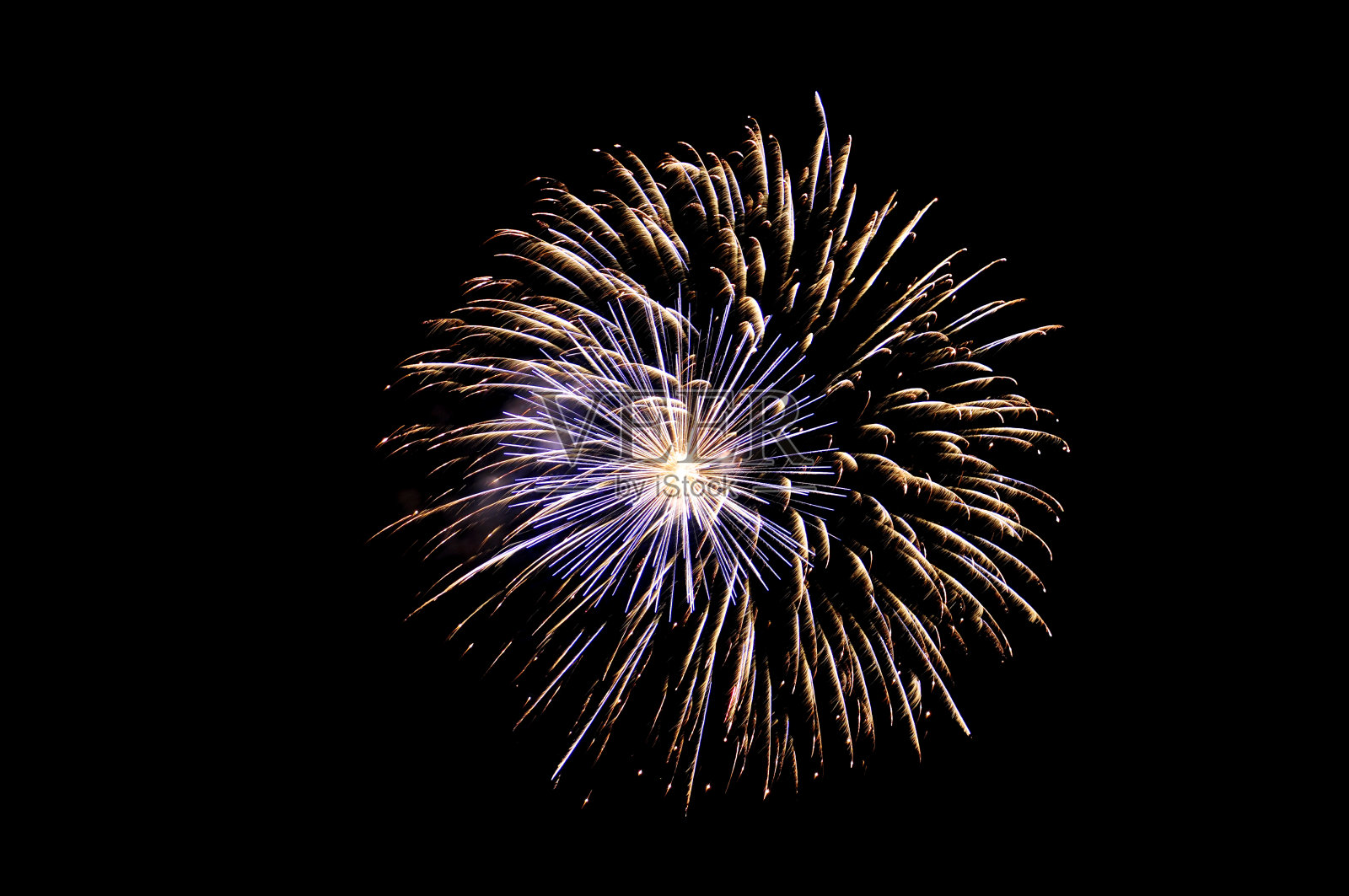 黑色背景上的双蓝色和金色节日烟花。明亮和丰富多彩的插图设计。照片摄影图片