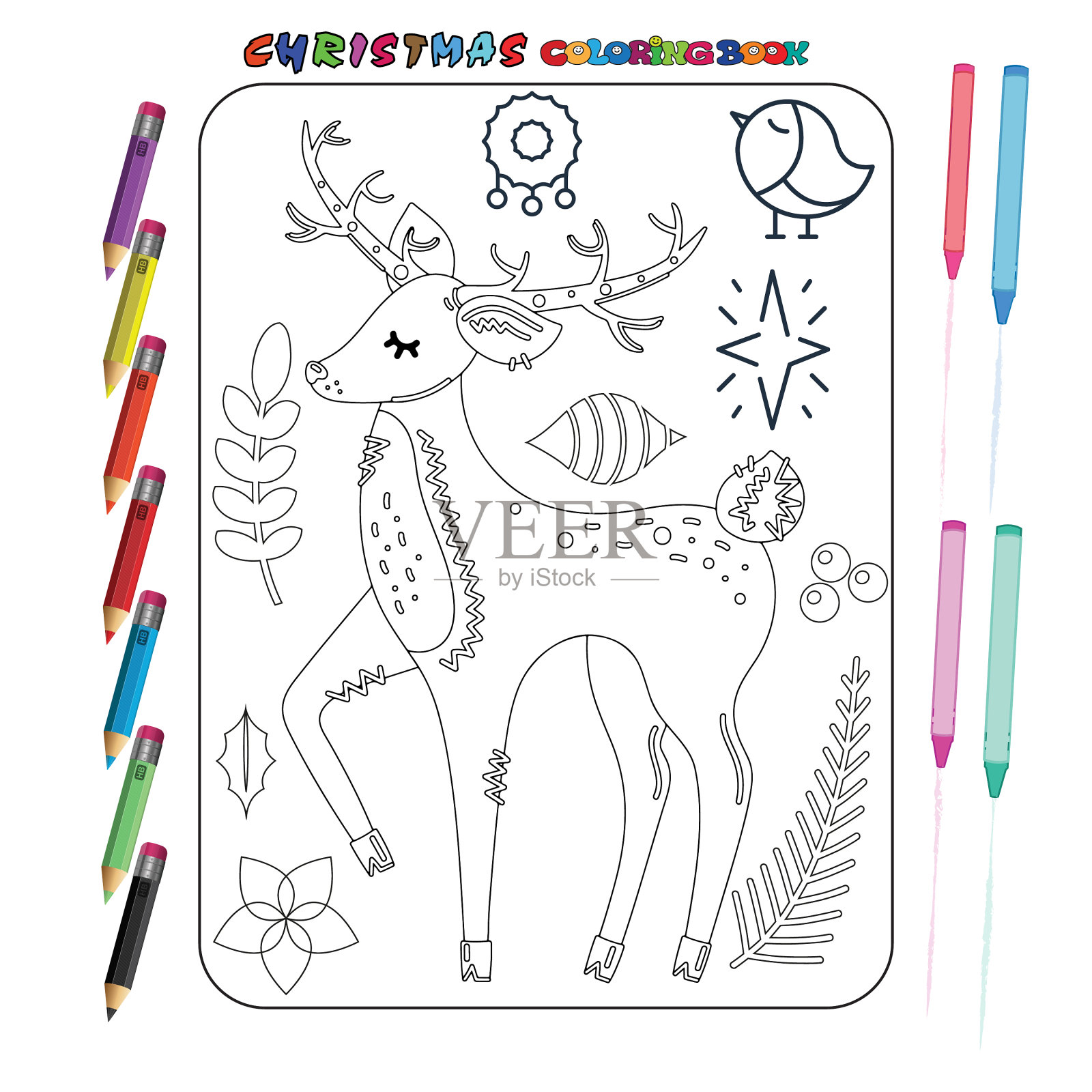 圣诞节着色页面插画图片素材
