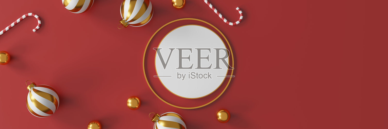 红色背景上有金色的银球和金色的星星作为圣诞和新年的装饰品。三维演示照片摄影图片