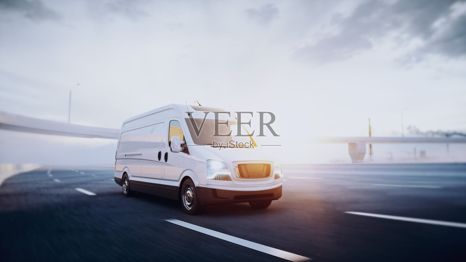 高速公路上的白色货车。开车非常快。交付的概念。3 d渲染。照片摄影图片