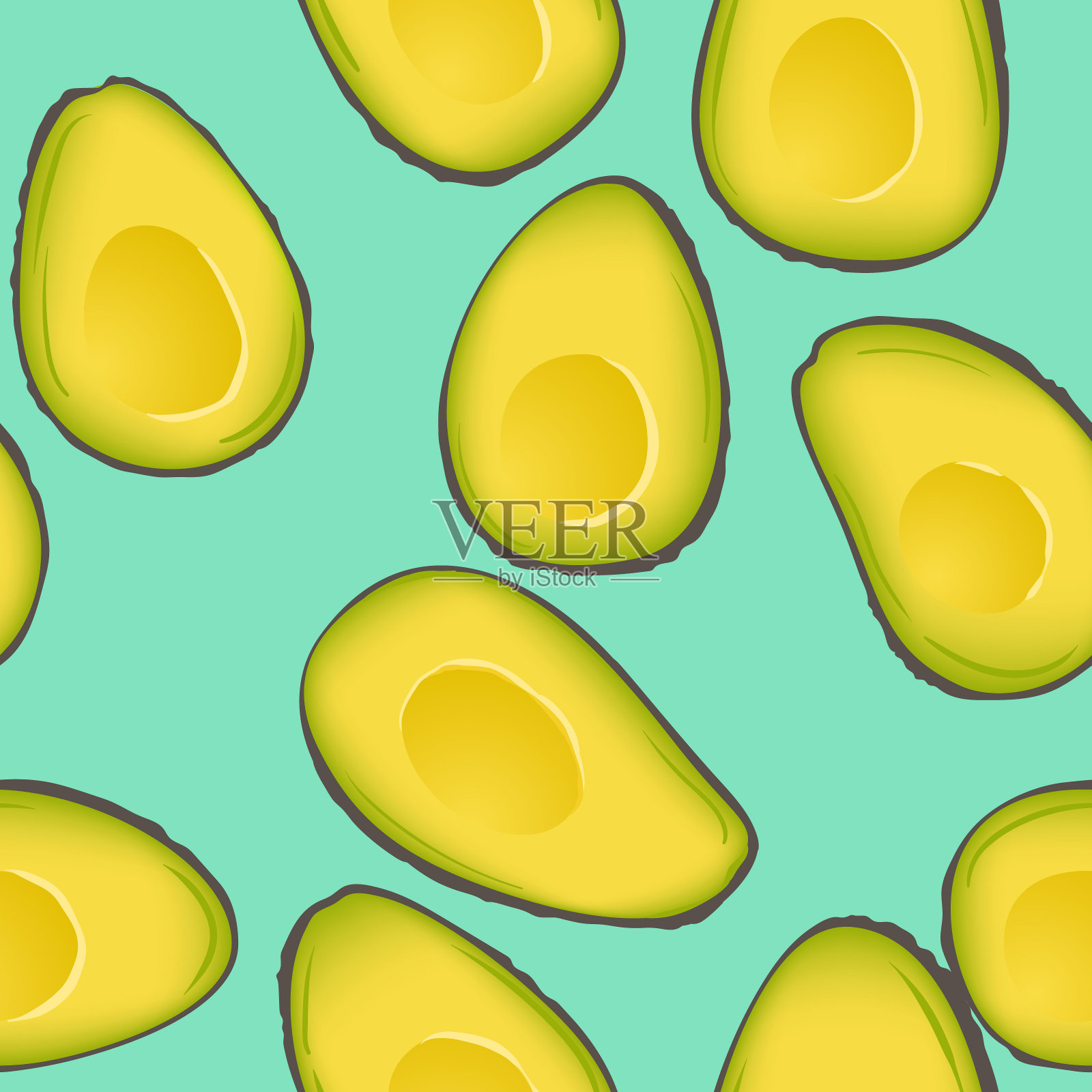 无缝模式与牛油果。半个鳄梨ы模式。食品的背景。墙纸，印刷，包装纸，现代纺织设计，旗帜，海报。插画图片素材