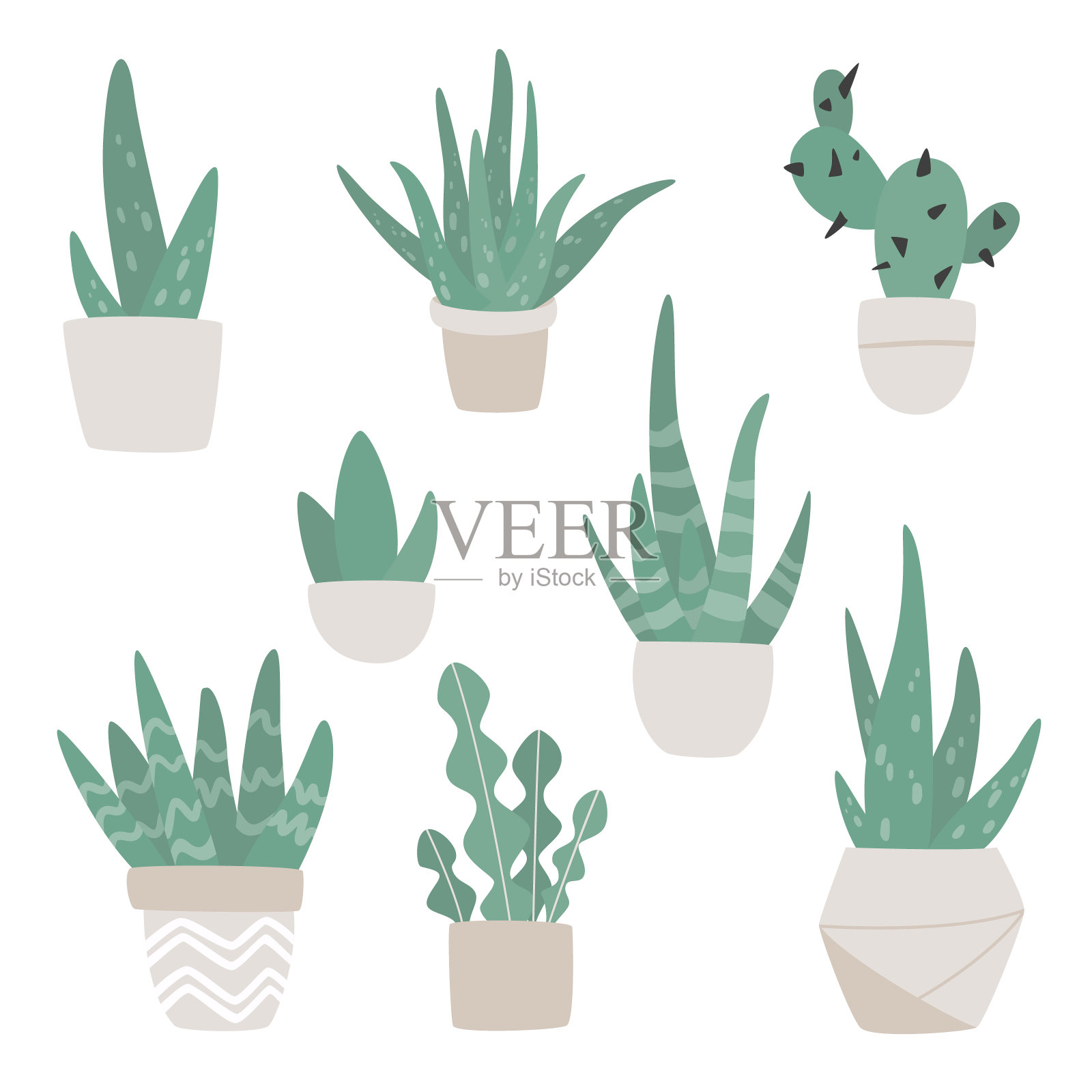 手绘套可爱的芦荟，сactus和多肉植物生长在花盆。在盆芦荟。室内盆栽矢量插图。插画图片素材