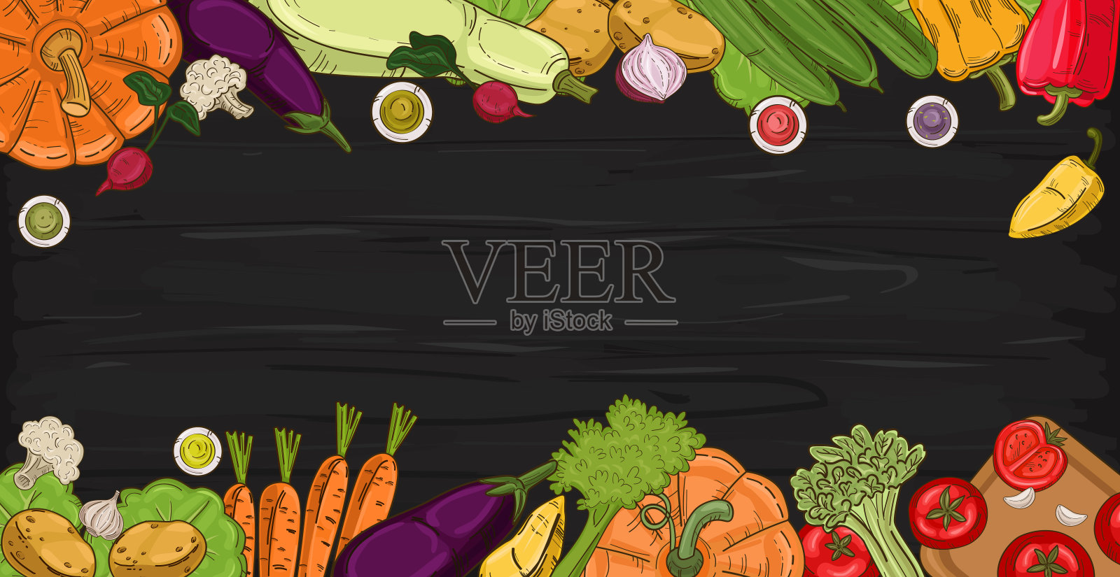 逼真的各种蔬菜在木制背景-矢量插画图片素材