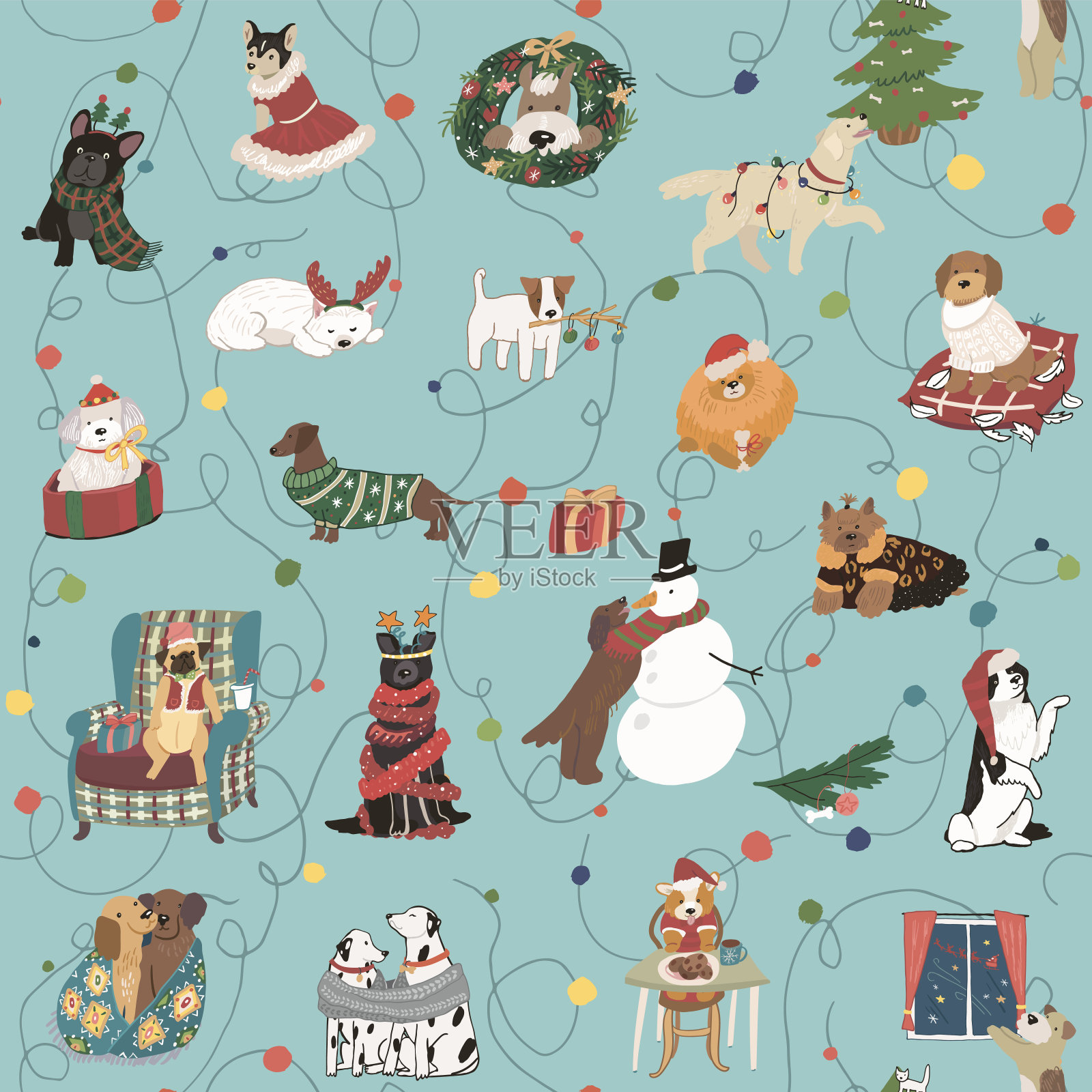 圣诞庆祝与狗宠物无缝矢量模式插画图片素材
