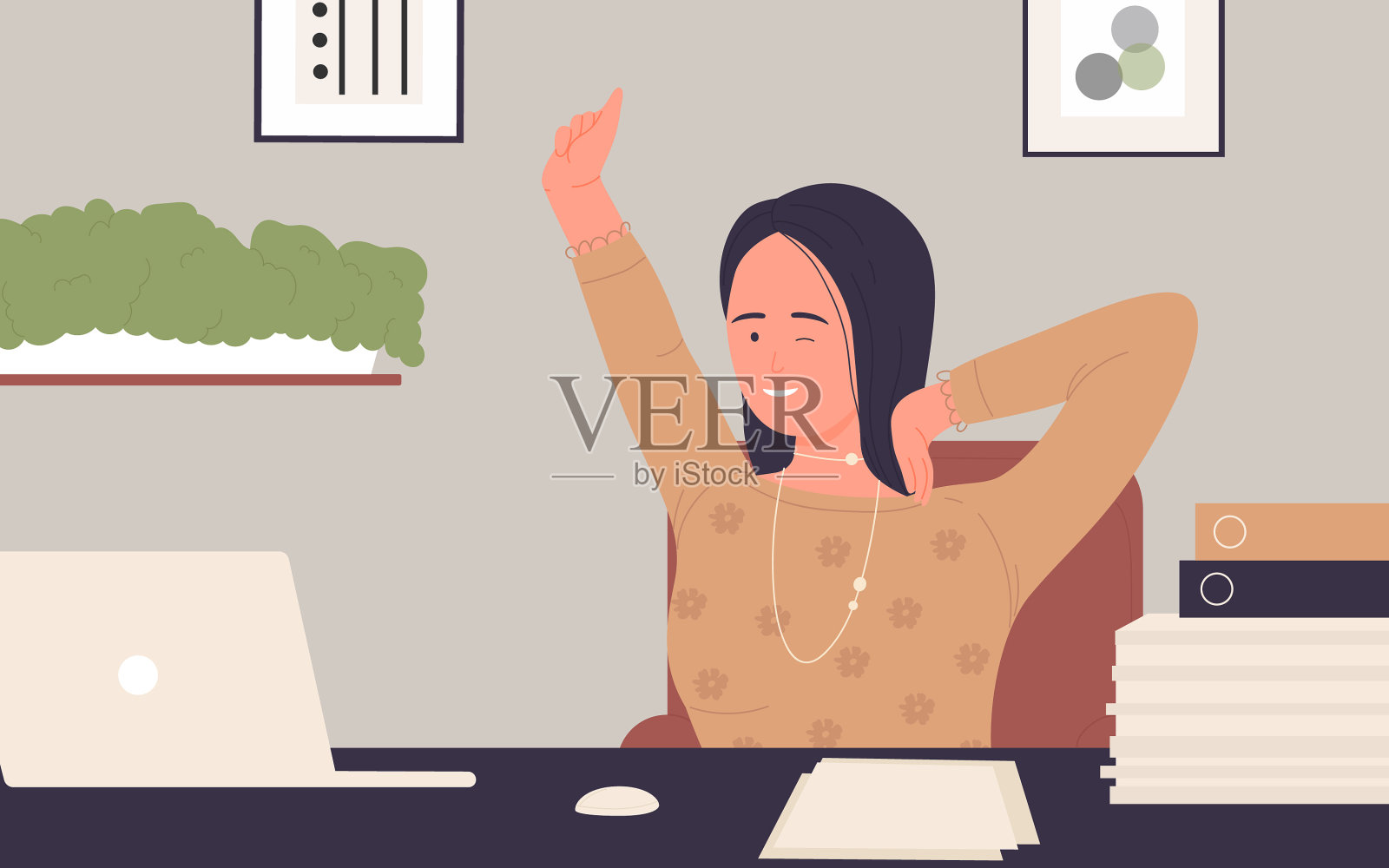 办公室女孩在工作间隙休息插画图片素材