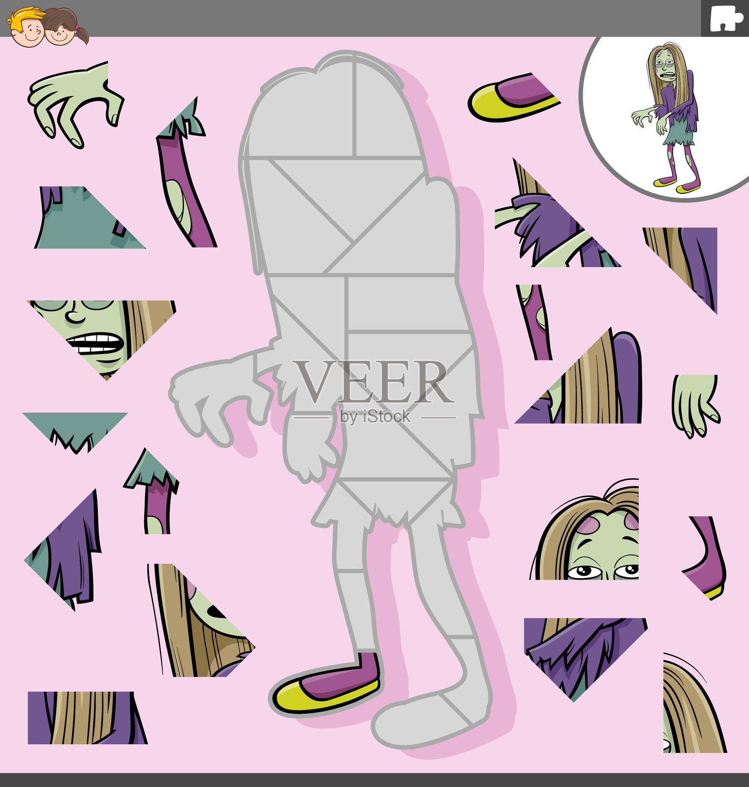 拼图游戏与卡通僵尸女孩插画图片素材