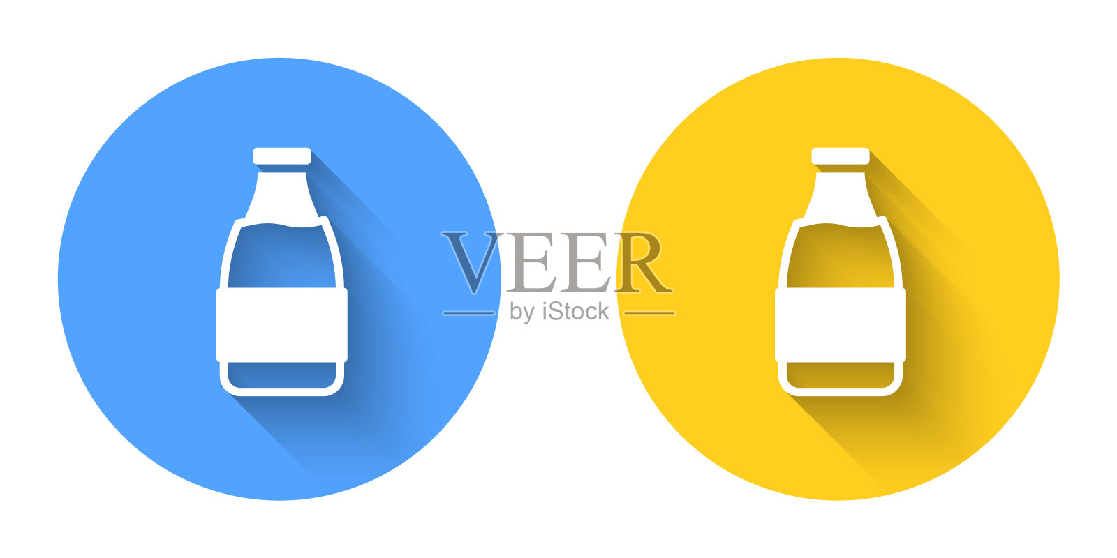 白色封闭的玻璃瓶与牛奶图标隔离与长阴影背景。圆按钮。向量插画图片素材