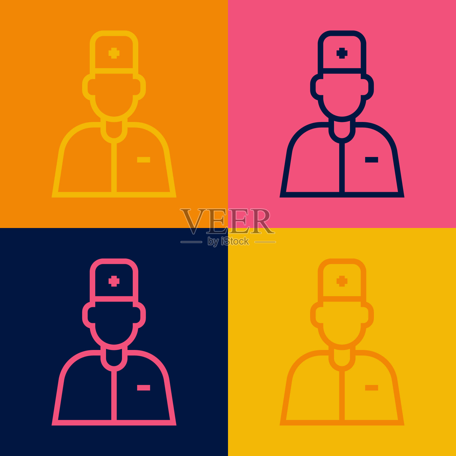 波普艺术线男医生图标孤立在彩色背景上。向量图标素材