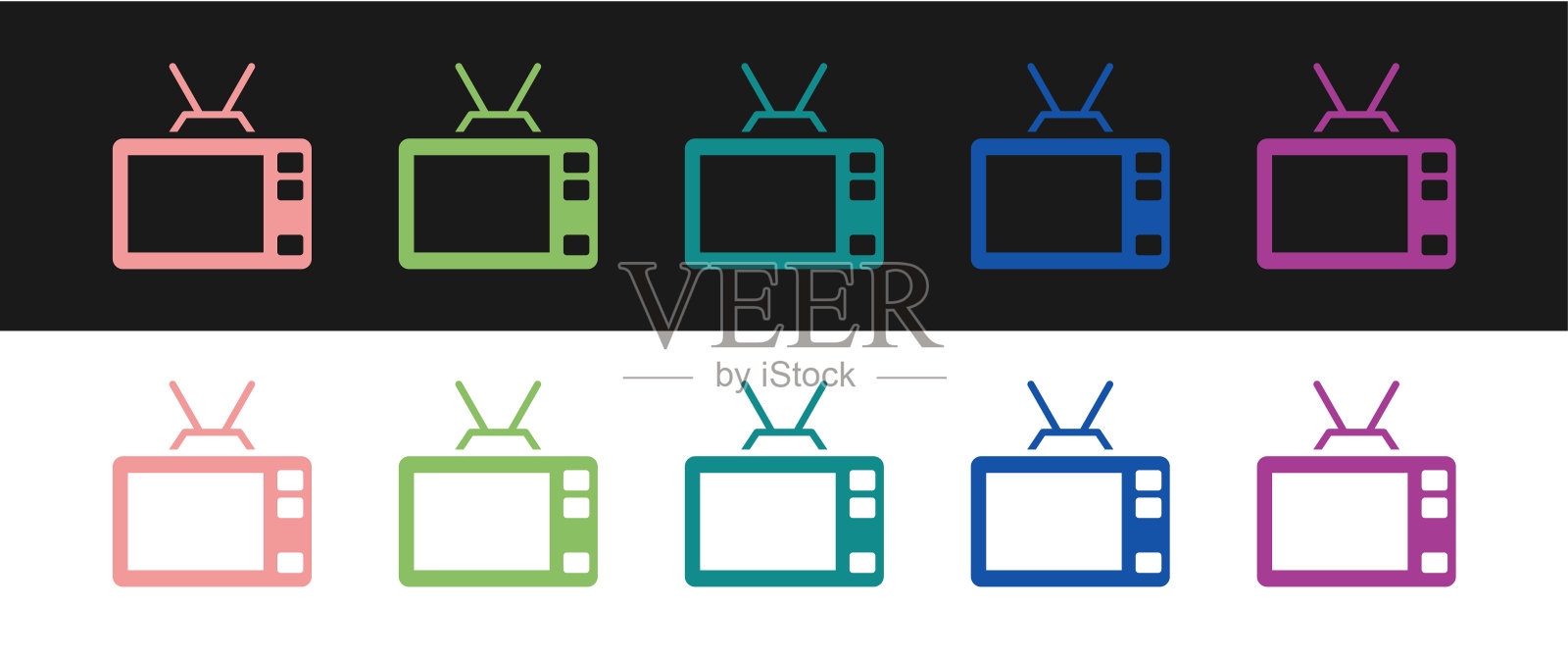 设置复古电视图标孤立在黑色和白色背景。电视信号。向量图标素材