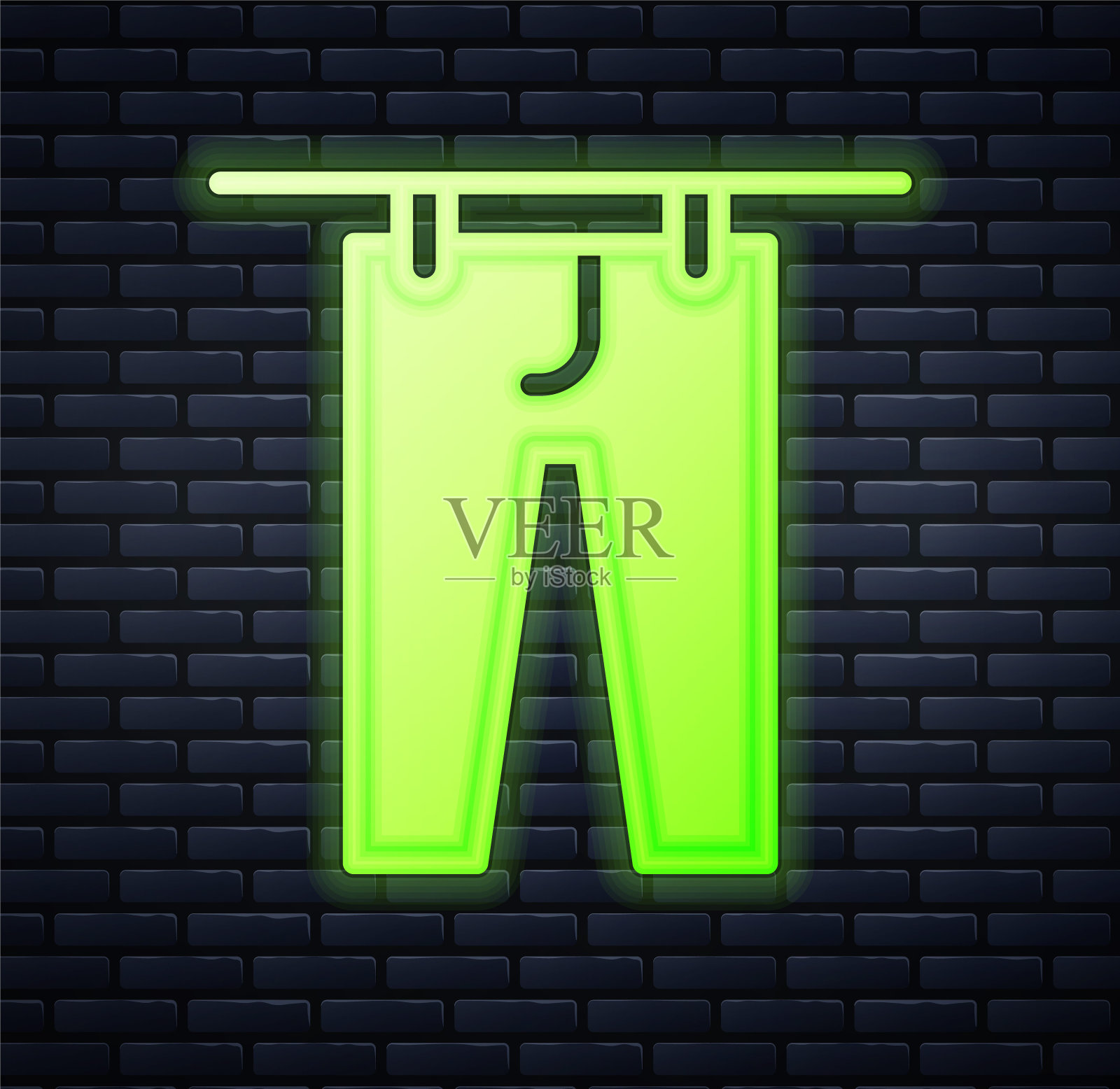 发光的霓虹灯烘干衣服图标孤立在砖墙背景。干净的裤子。用晾衣夹在绳子上洗衣服。衣物护理和整洁。向量插画图片素材