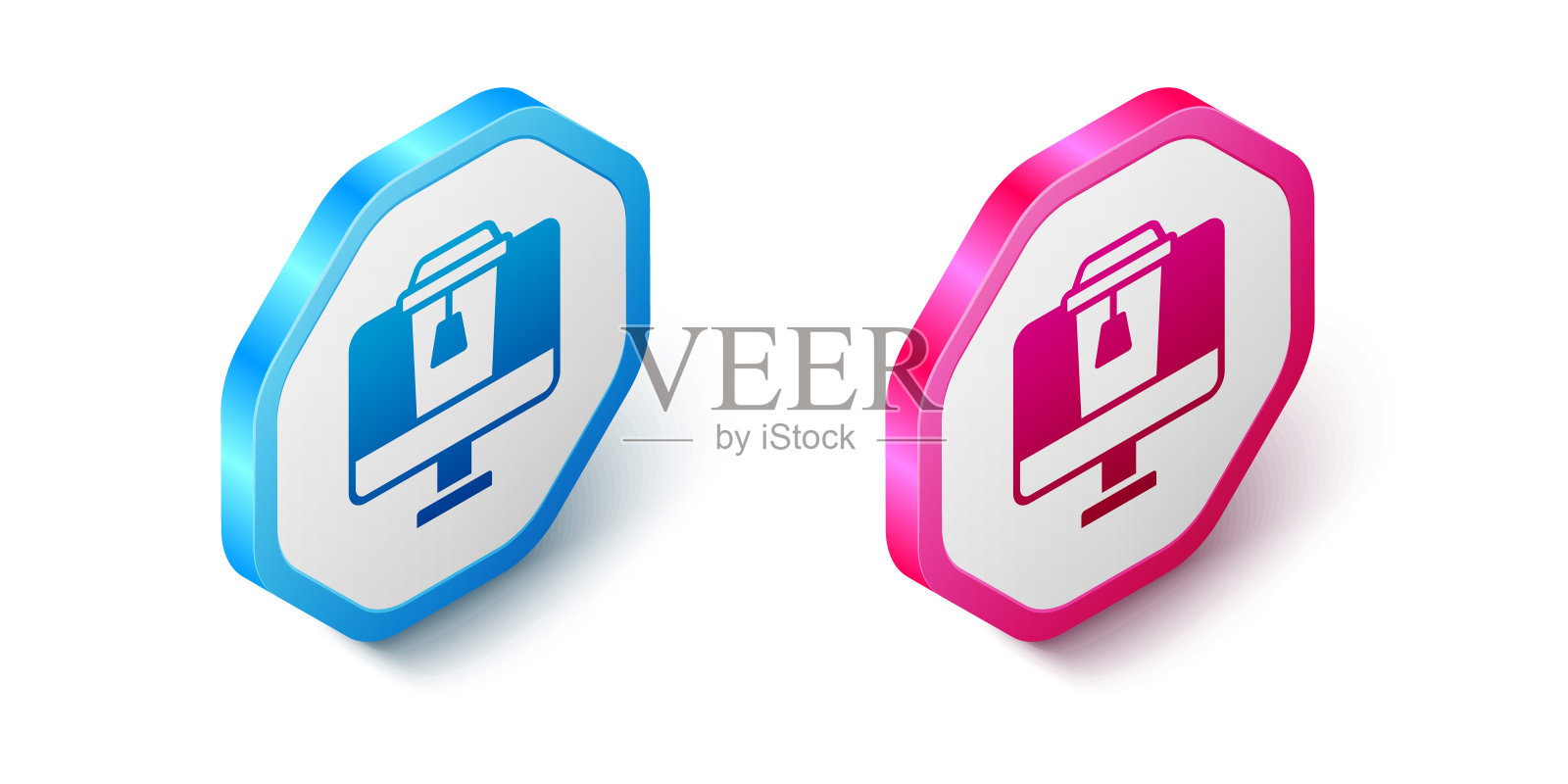 Isometric在线订购和快餐外卖图标隔离在白色背景。六角按钮。向量图标素材