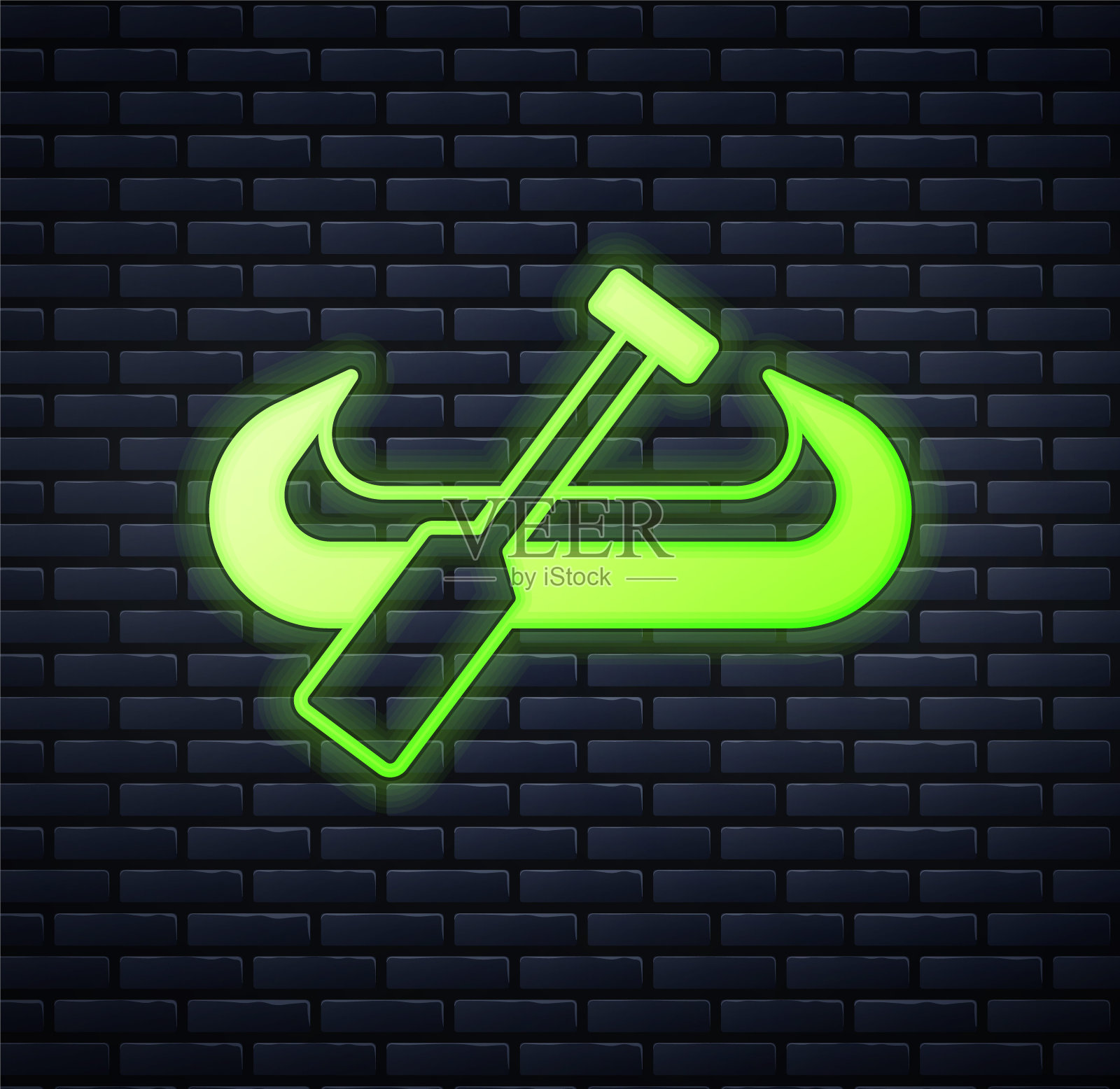 发光的霓虹灯独木舟和桨图标孤立在砖墙背景。用于钓鱼和旅游的皮艇和独木舟。户外活动。向量插画图片素材