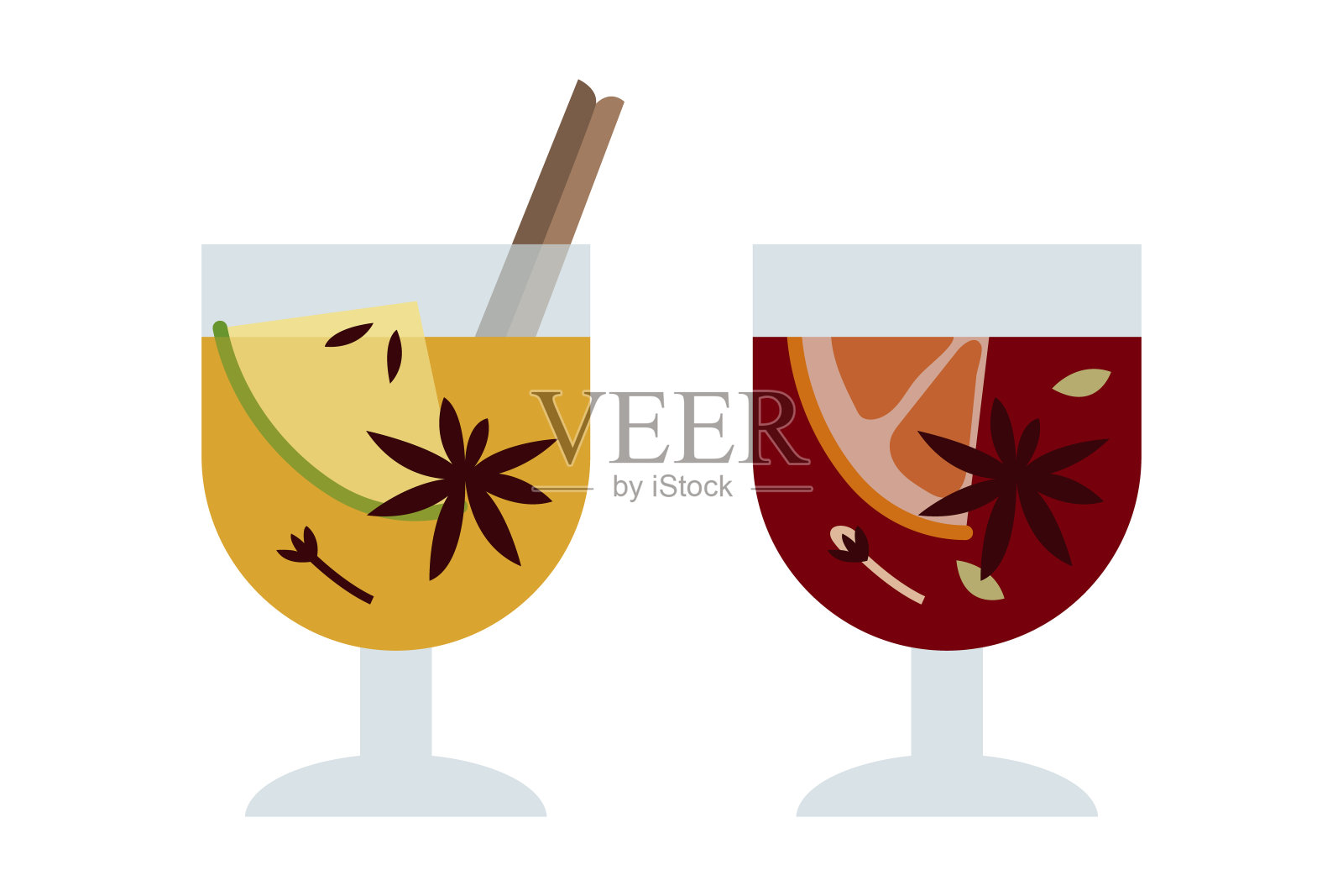 圣诞热葡萄酒与柑橘水果，苹果，肉桂，丁香，小豆蔻和茴芹。冬天的热饮在玻璃杯里。桑格利亚汽酒,苹果酒。传统的圣诞饮料。矢量插图，平面卡通风格插画图片素材