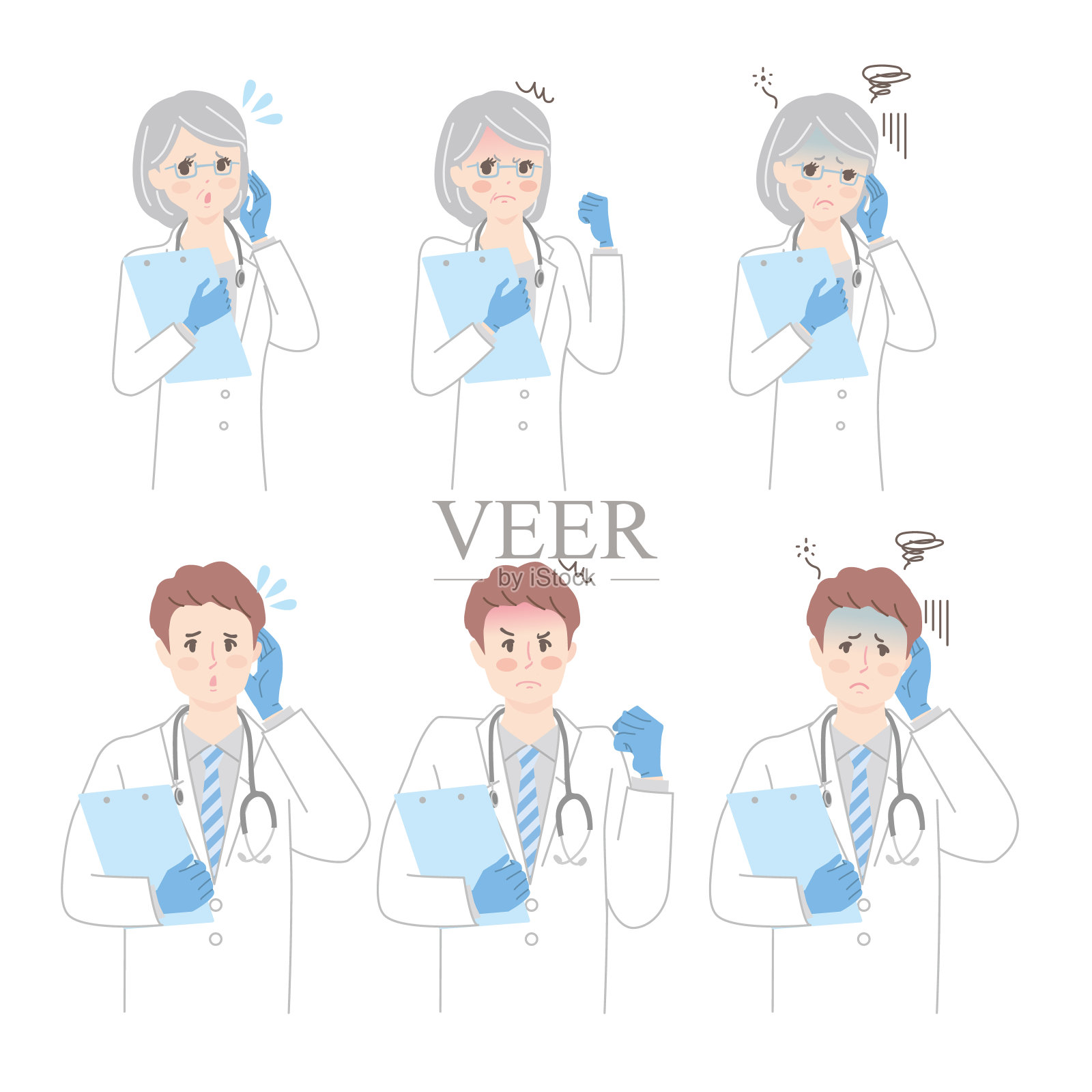 穿着白大褂的男男女女摆出一副消极的姿势插画图片素材