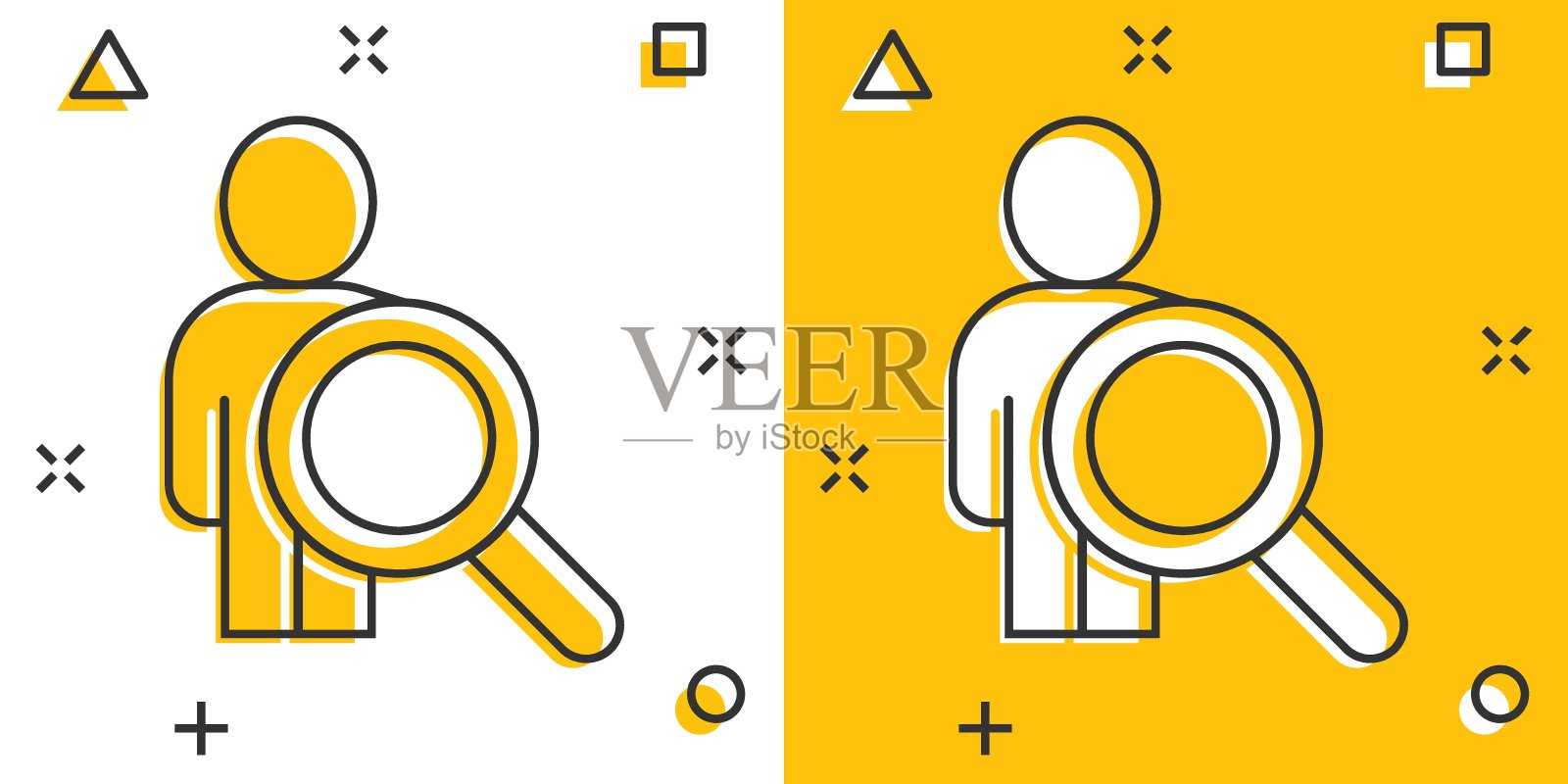 用漫画风格搜索职位空缺图标。Loupe职业卡通矢量插图在白色孤立的背景。找到人雇主飞溅效应的经营理念。插画图片素材