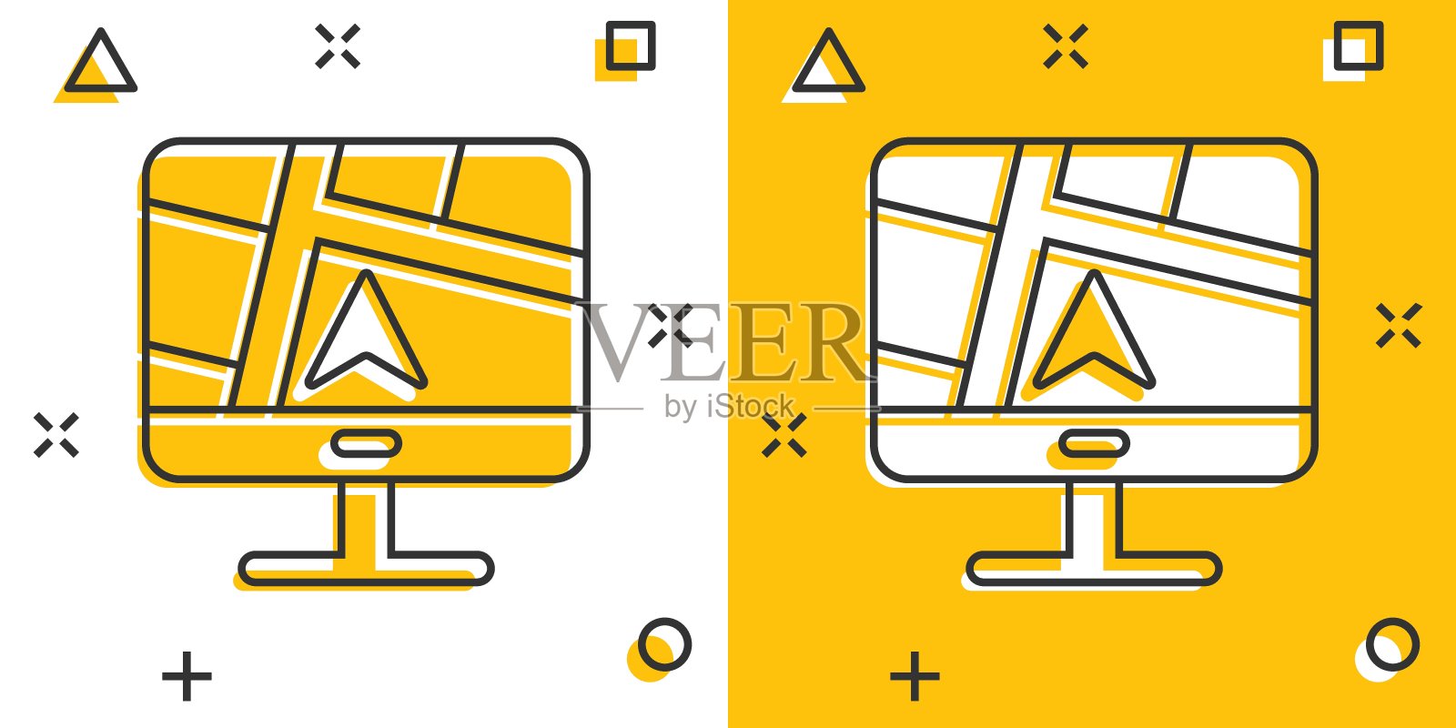 计算机导航图标在漫画风格。监视器引脚gps卡通矢量插图在白色孤立的背景。城区区位效应的经营理念。插画图片素材