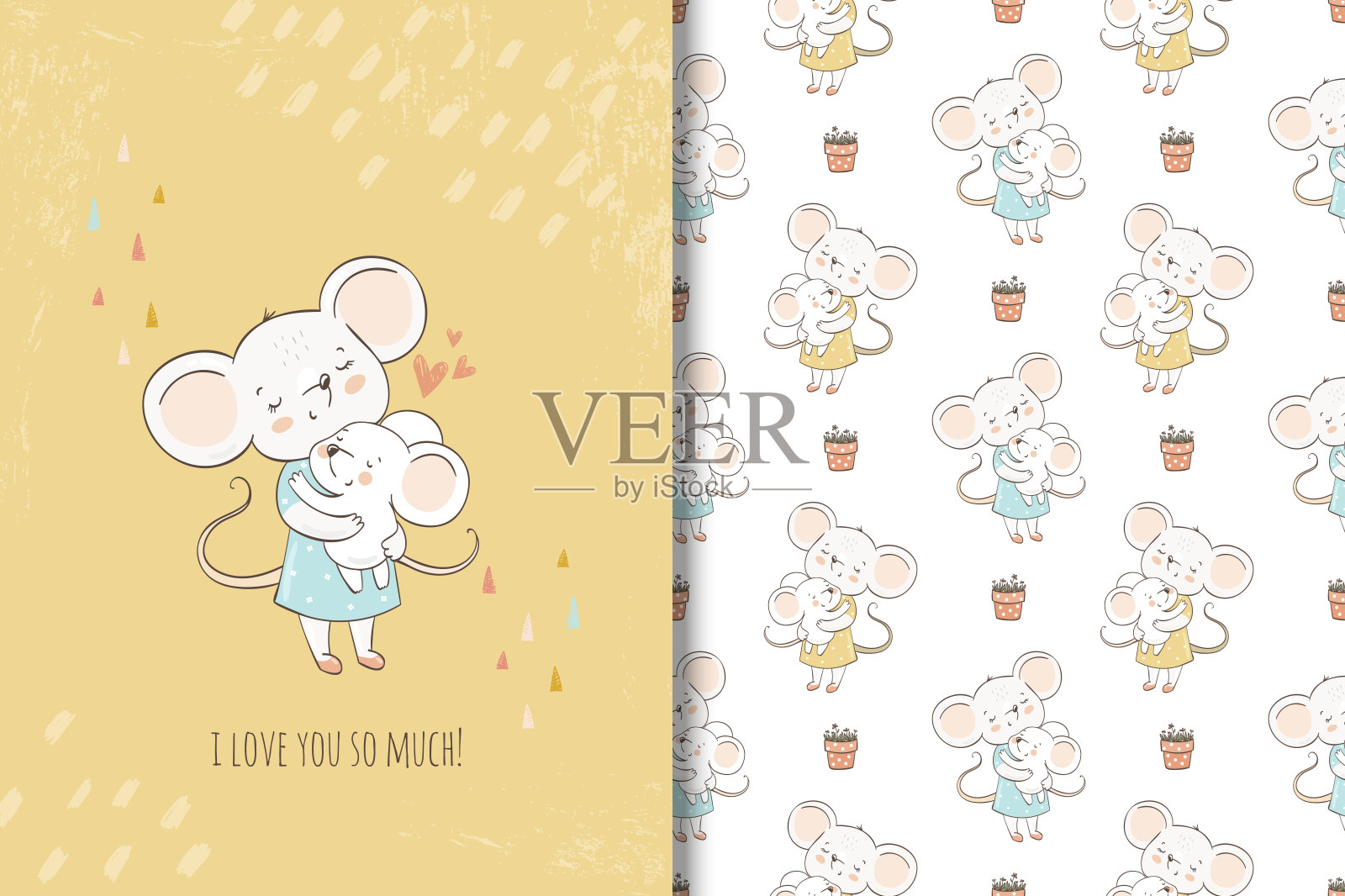 妈妈和宝宝可爱的老鼠。史上最棒的妈妈。插图和无缝图案设计模板素材