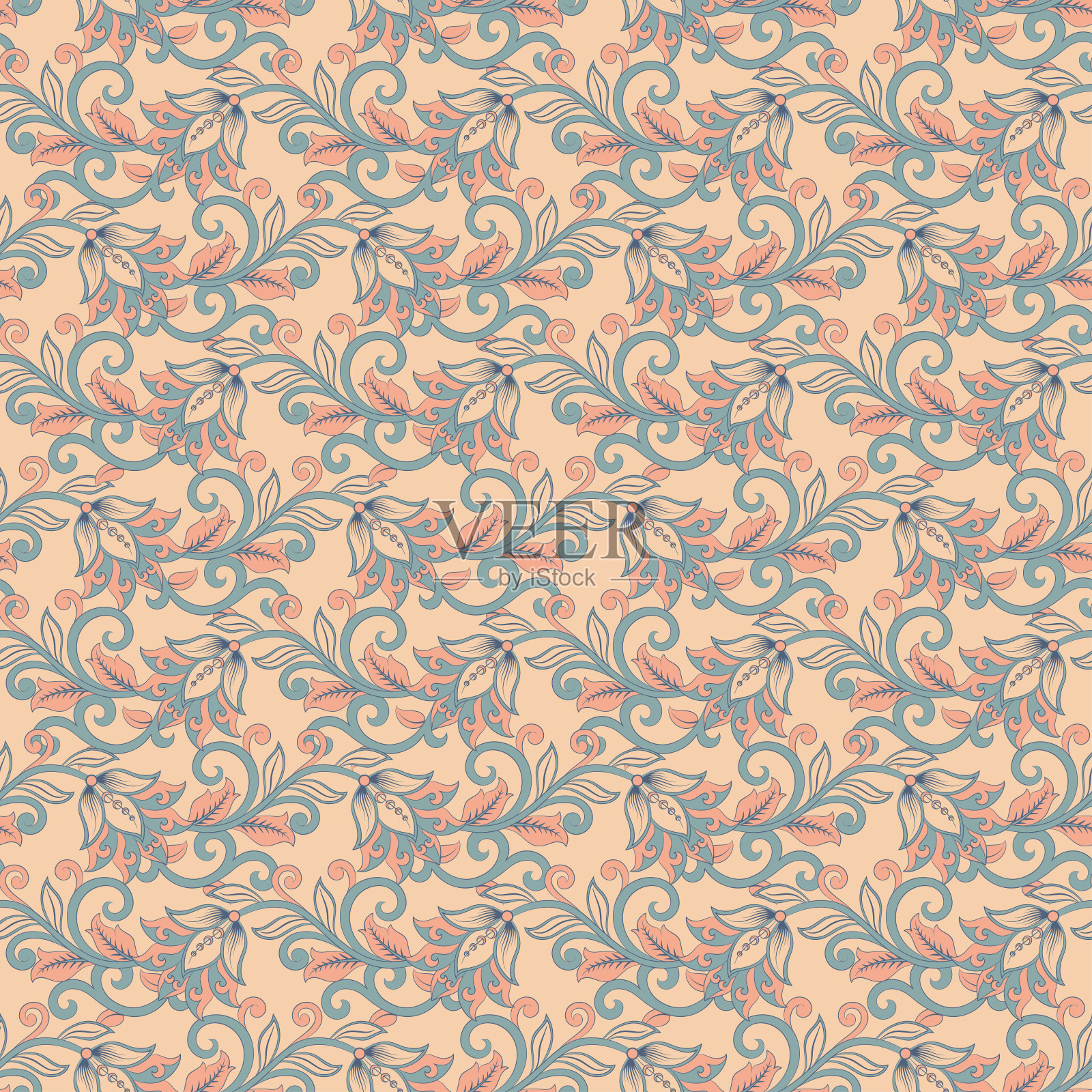 优雅无缝的民族花卉和叶子图案，矢量花卉插图在复古风格插画图片素材