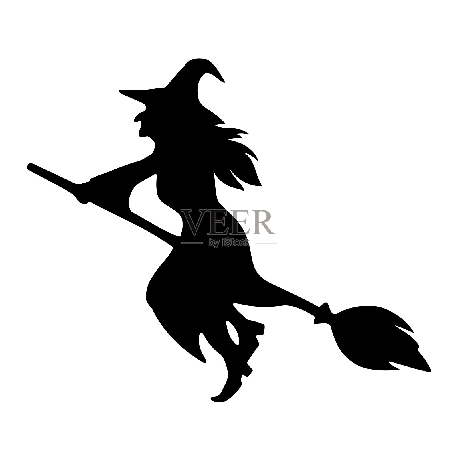 骑着扫帚的女巫。向量黑色剪影。插画图片素材