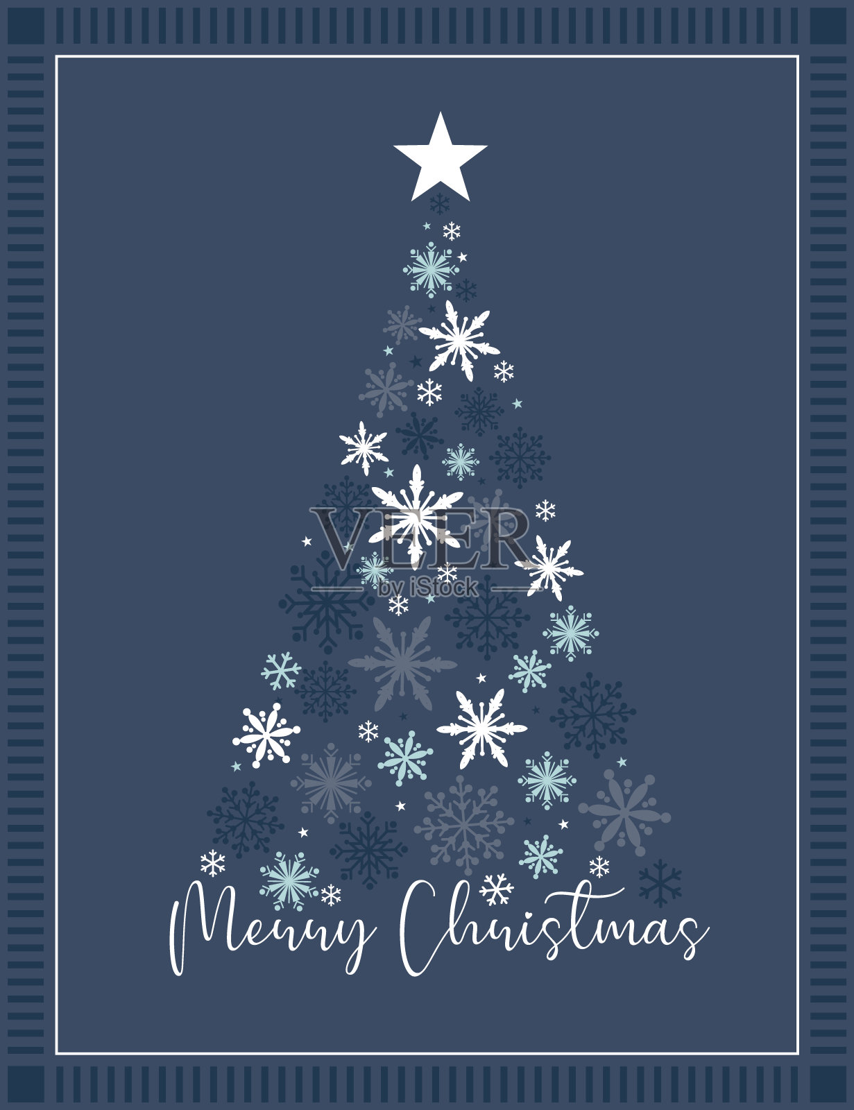 圣诞树上有雪花，圣诞卡上有蓝白两色插画图片素材