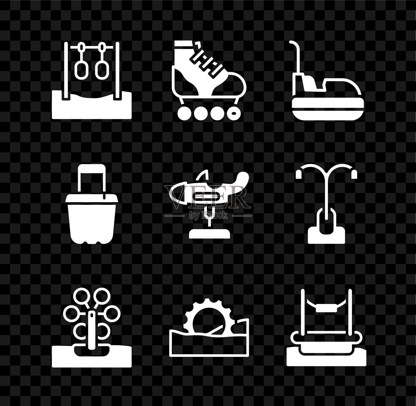 设置体操环，轮滑，碰碰车，摩天轮，蹦极，沙桶和秋千的图标。向量图标素材