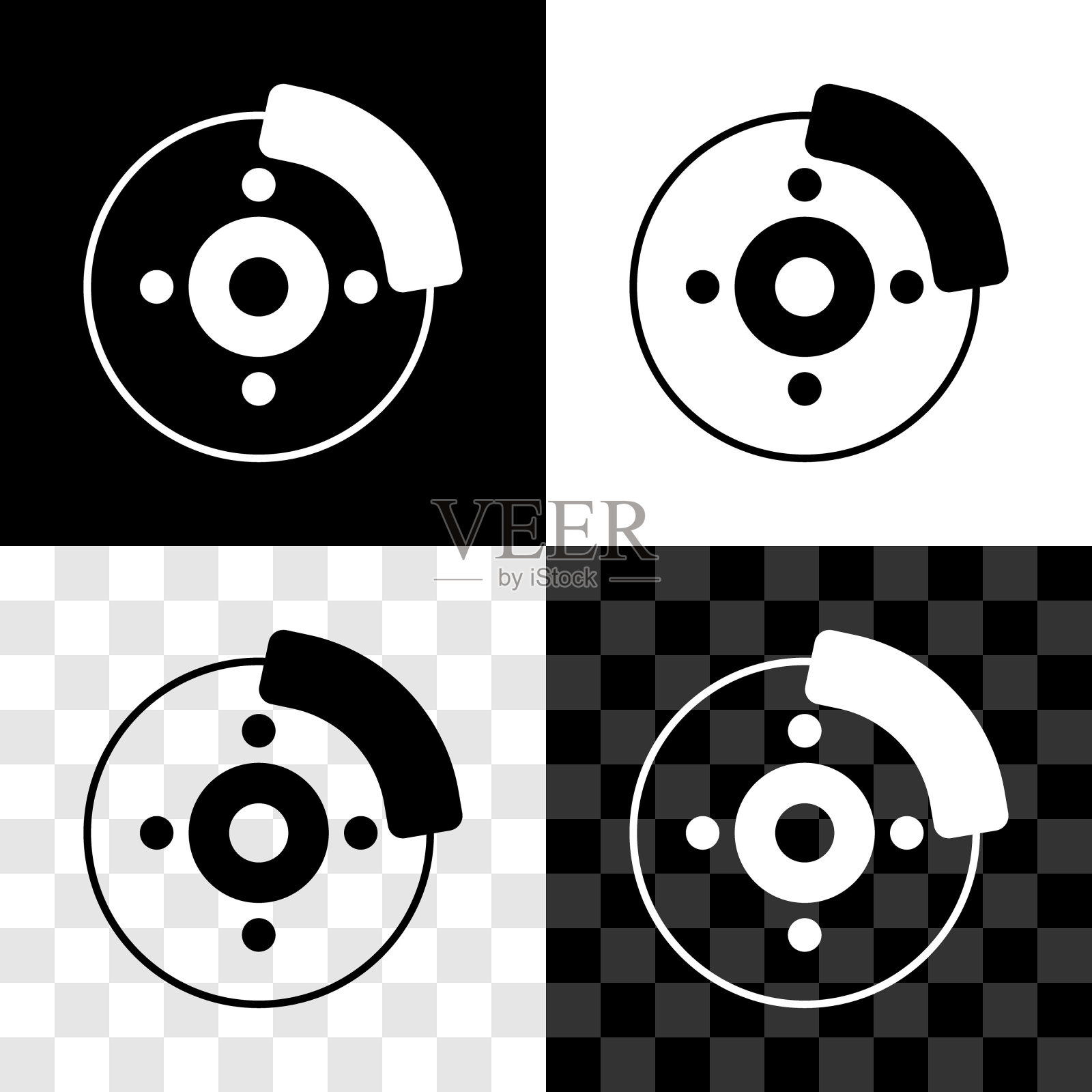 设置汽车刹车盘卡钳图标隔离在黑色和白色，透明的背景。向量图标素材