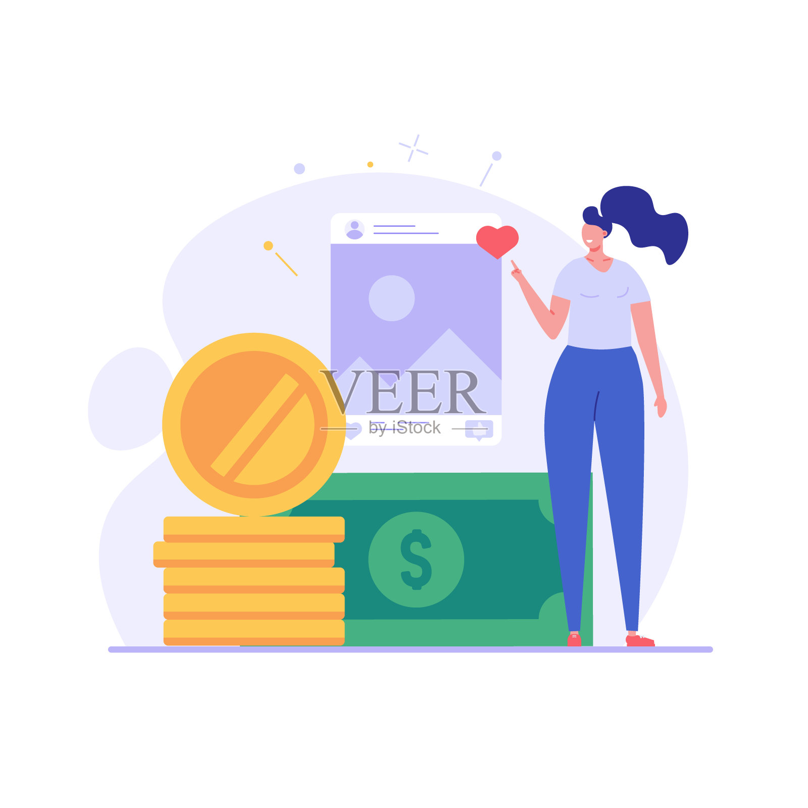 在社交媒体上赚钱的女人。成功的博主通过博客赚钱。博客盈利的概念，在互联网上赚钱，在线收入。矢量插图在平面为web UI设计插画图片素材