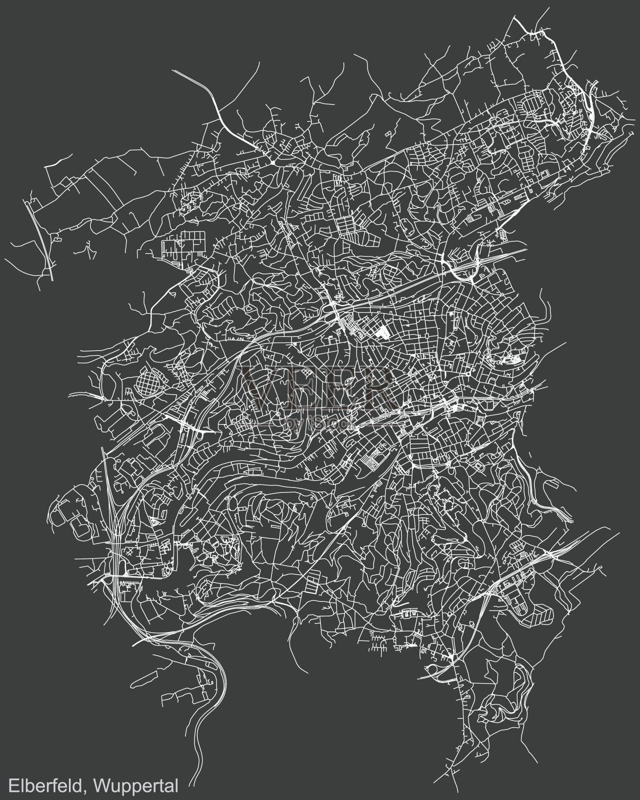 德国乌珀塔尔的埃尔伯菲尔德区黑暗负街道道路地图插画图片素材