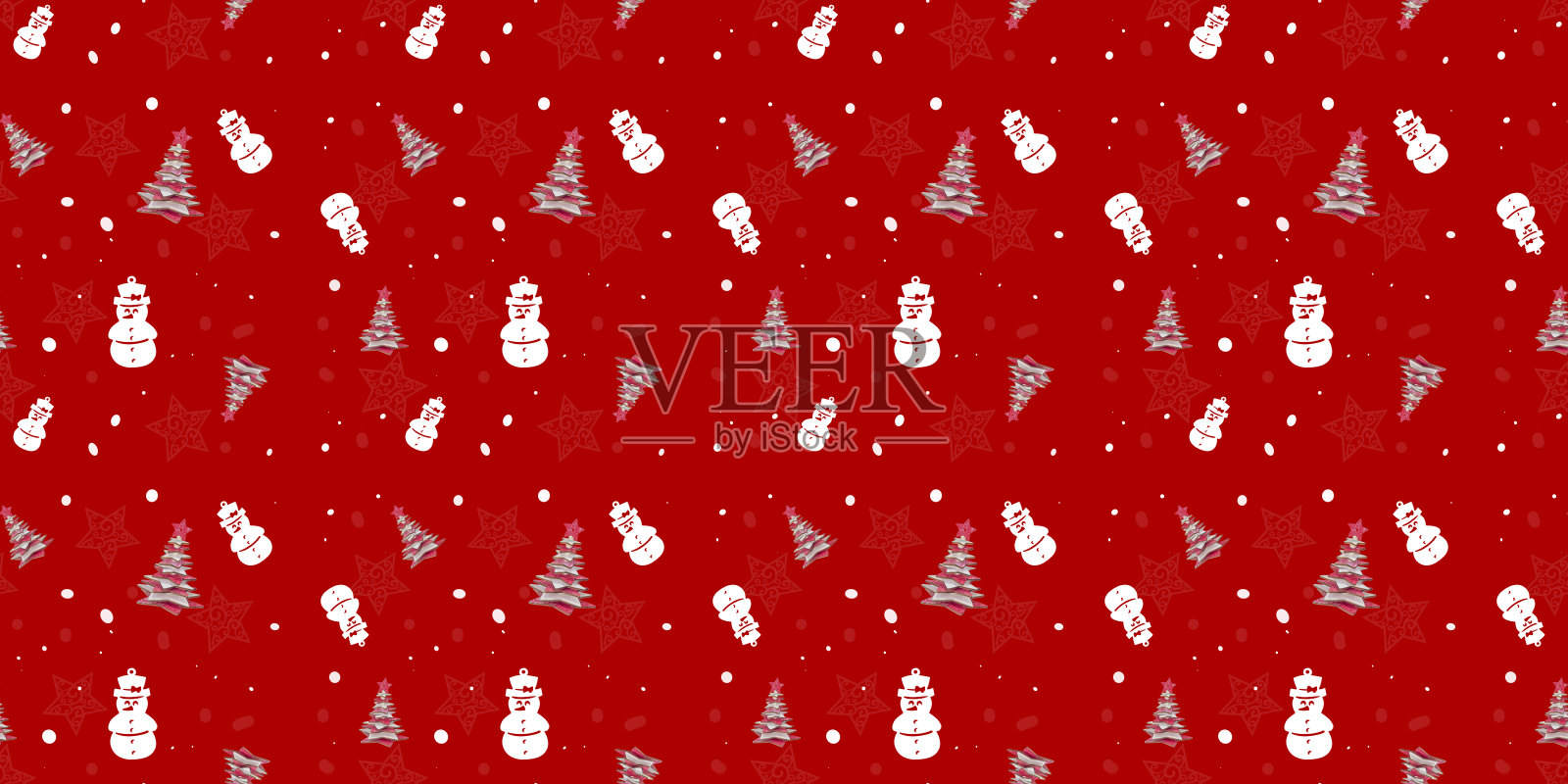 圣诞节无缝图案，抽象圣诞树和雪人无缝图案的红色背景插画图片素材