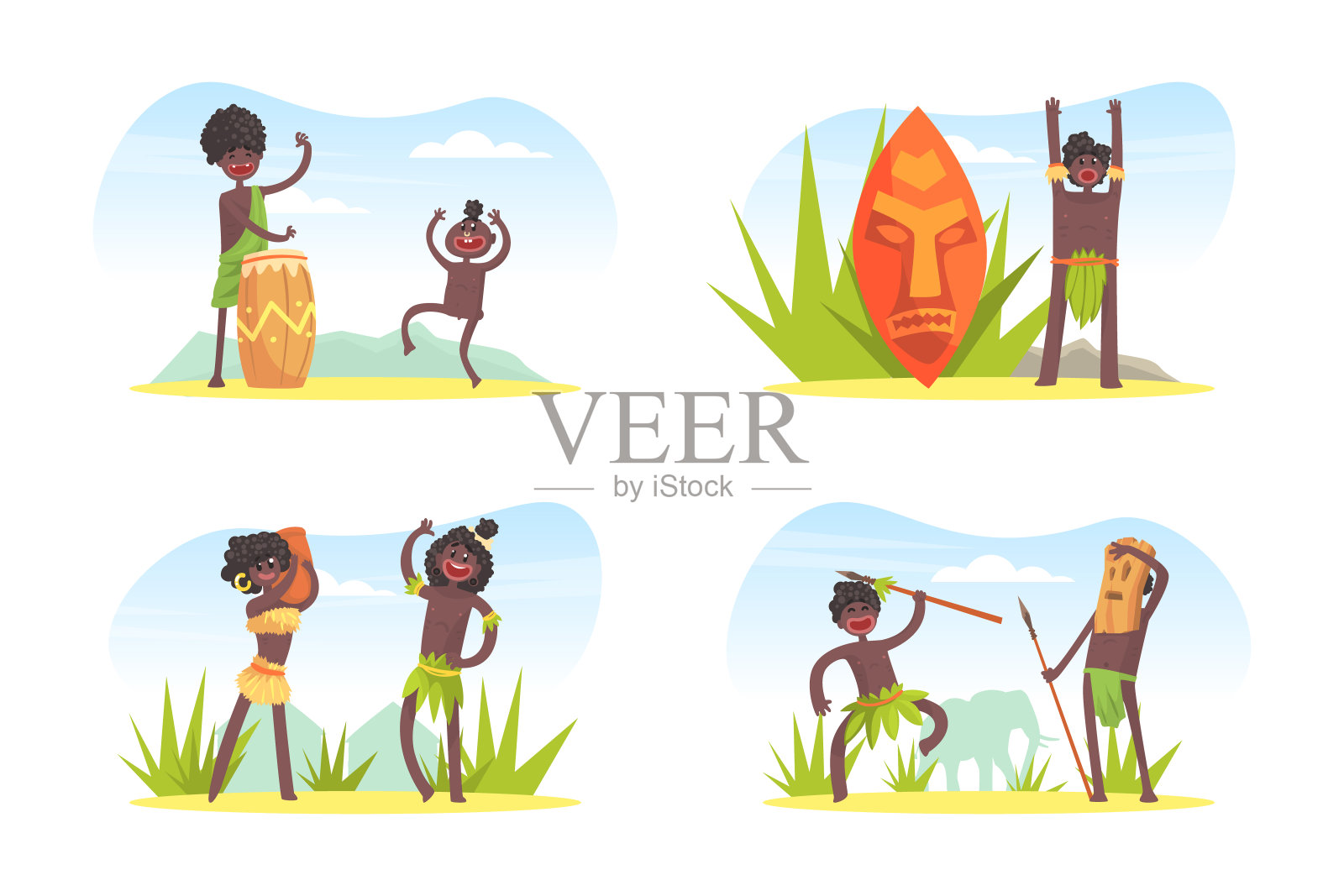 非洲部落人物的传统缠腰布和棕榈叶与矛和鼓向量集设计模板素材