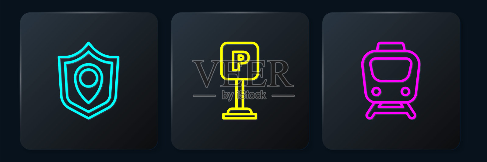 设置线路位置屏蔽，火车和停车场。黑色方形按钮。向量设计元素图片