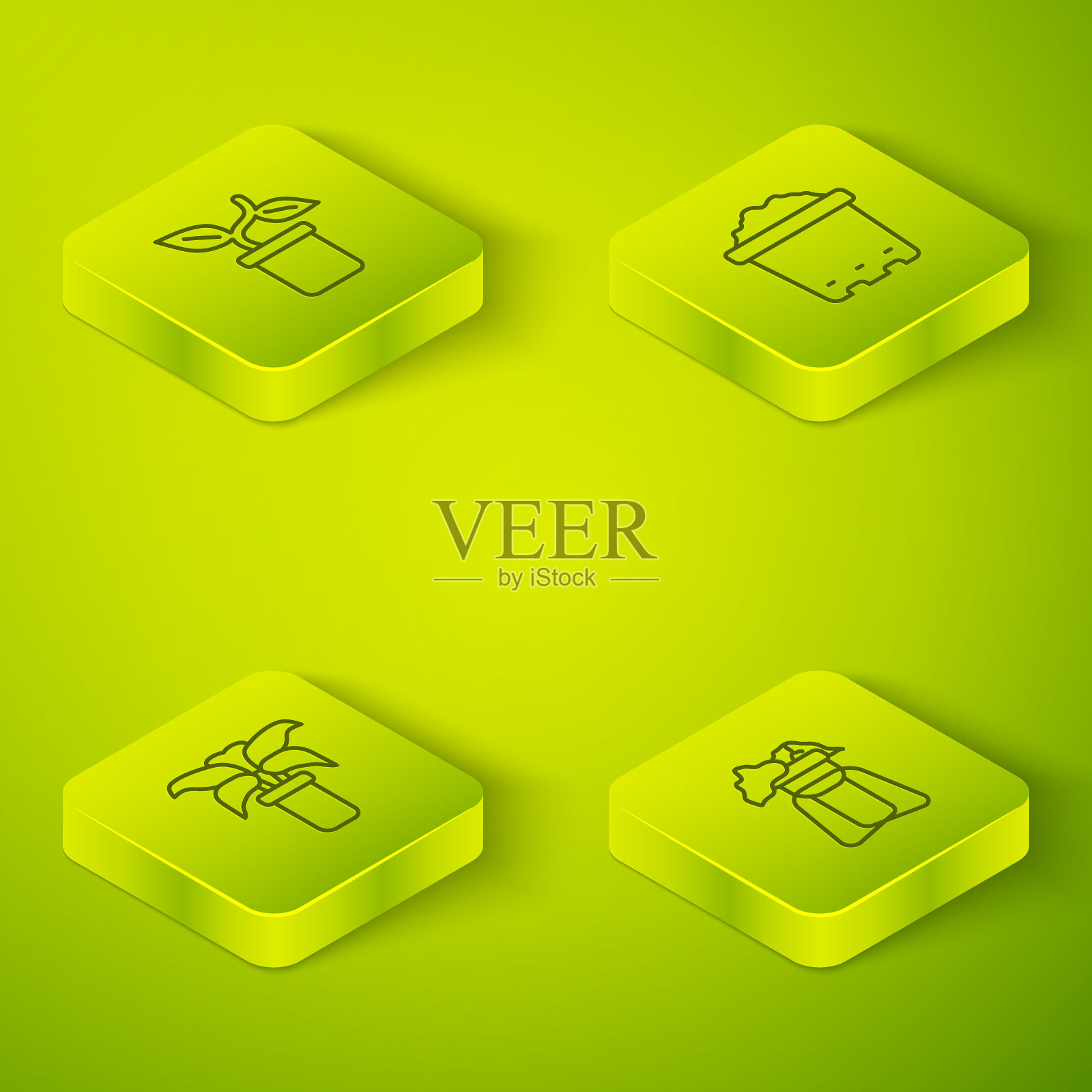 设置等距线花盆与土壤，异域热带植物在花盆，植物的立场和图标。向量图标素材