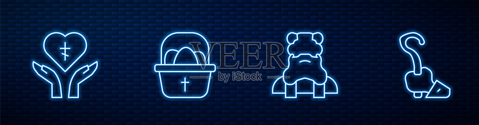 设置线牧师，宗教十字架在心，篮子与复活节蛋和魔法的工作人员。砖墙上发光的霓虹灯图标。向量插画图片素材