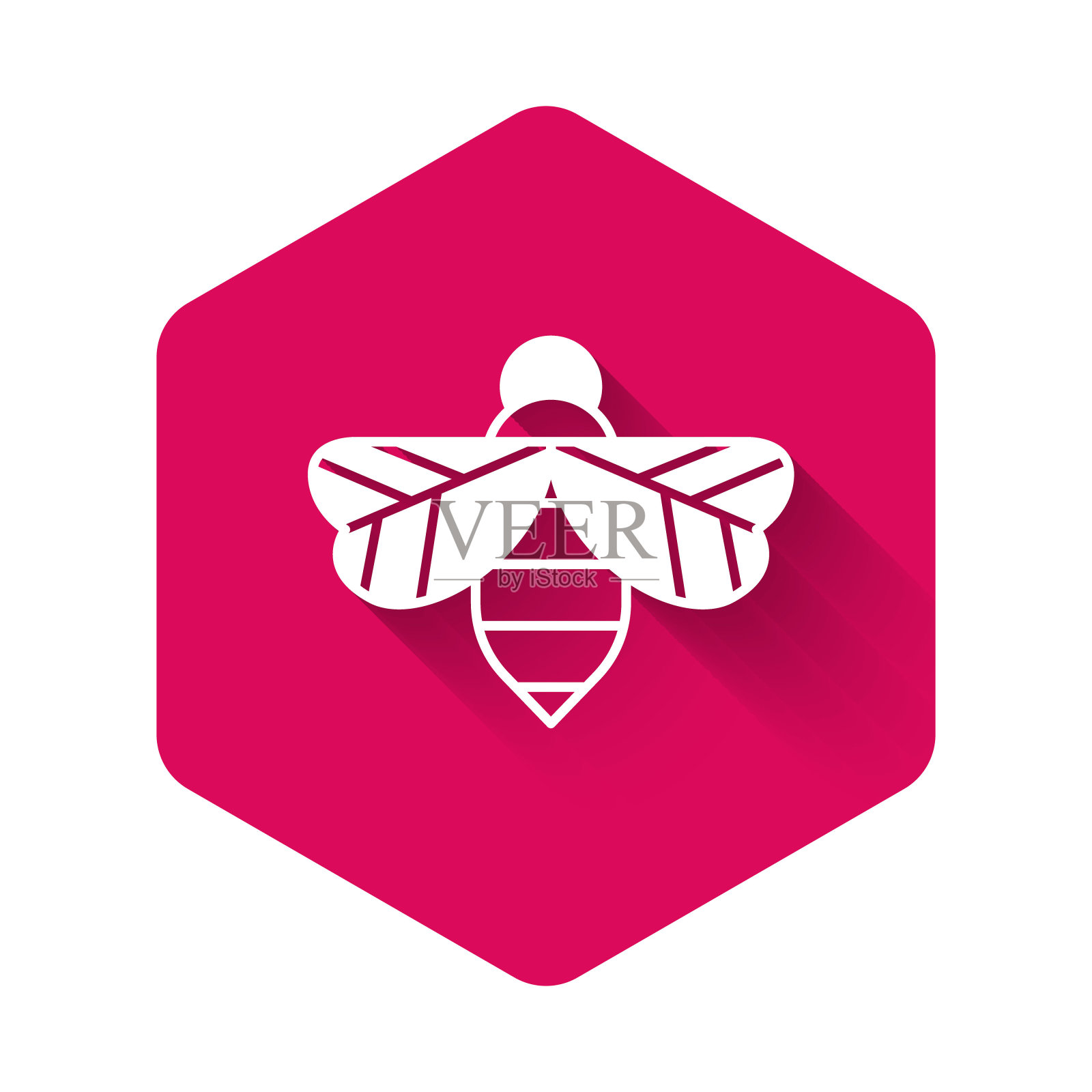 白色蜜蜂图标孤立与长阴影背景。甜蜜的天然食品。有翅膀象征的蜜蜂或apis。飞行昆虫。粉红色的六角按钮。向量图标素材