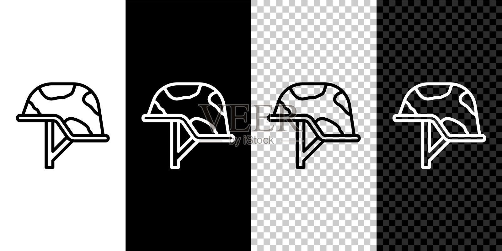 军用头盔图标隔离在黑白，透明的背景上。军帽象征防御和保护。防护帽。向量插画图片素材