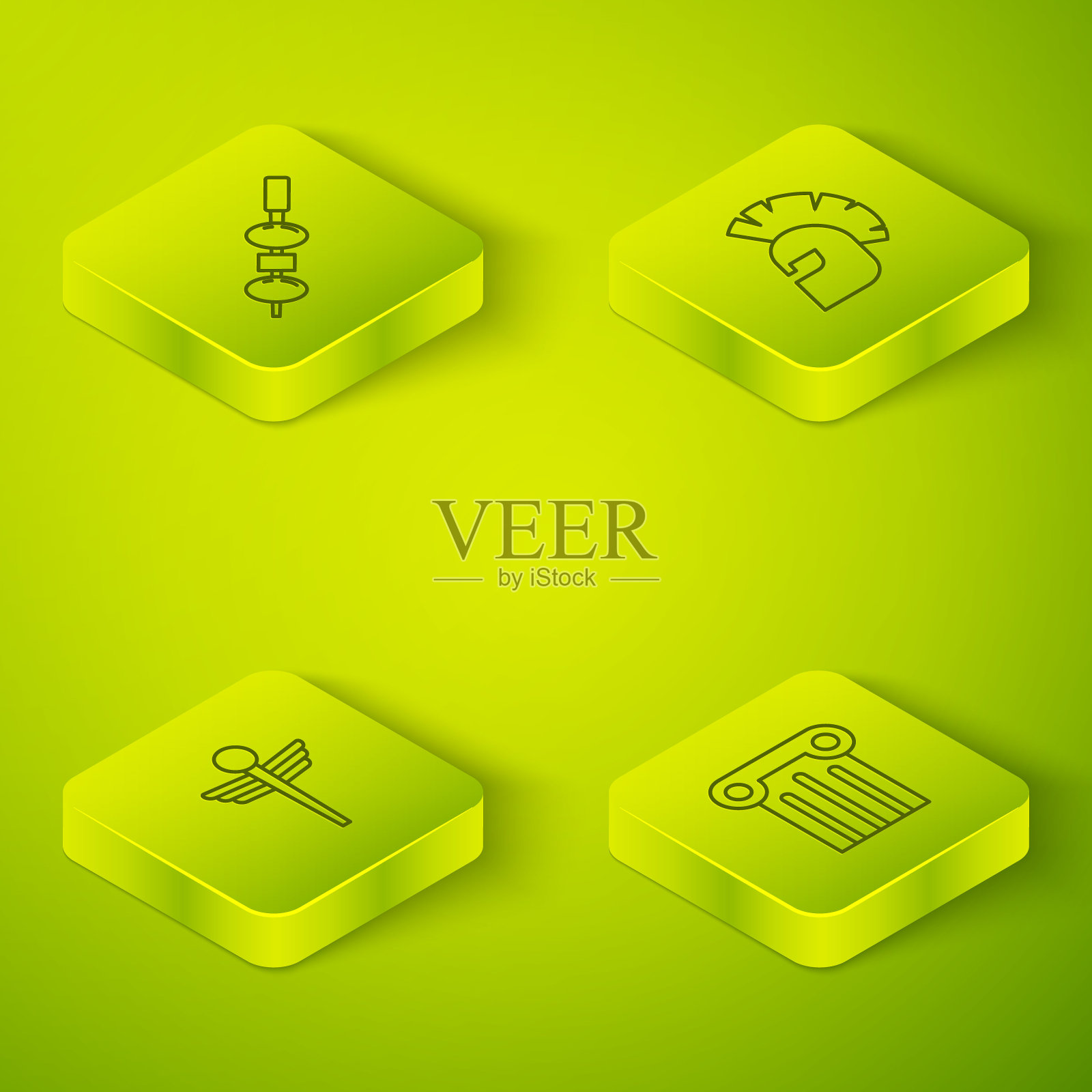 设置等距线希腊头盔，蛇杖医学，古柱和橄榄和奶酪筷子图标。向量图标素材